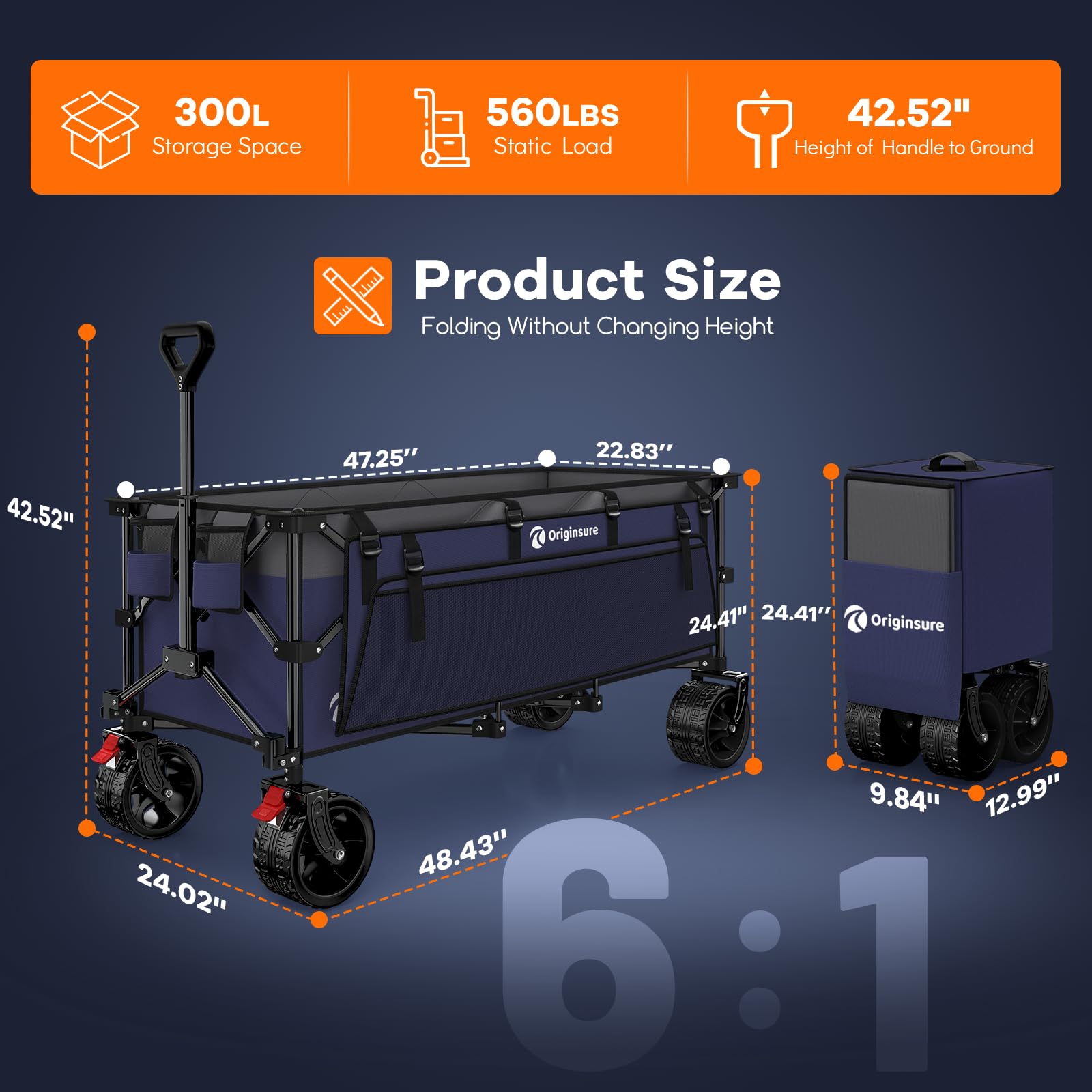 Originsure wagon demonstrates 300L capacity for groceries and gear.