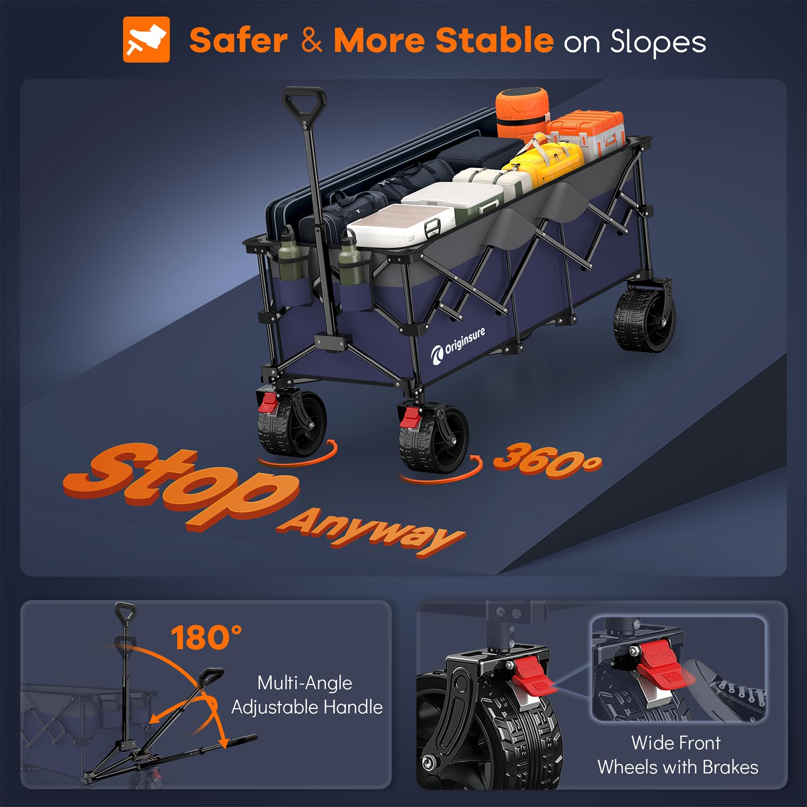 Originsure wagon includes side pocket, cup holders, and storage cover.
