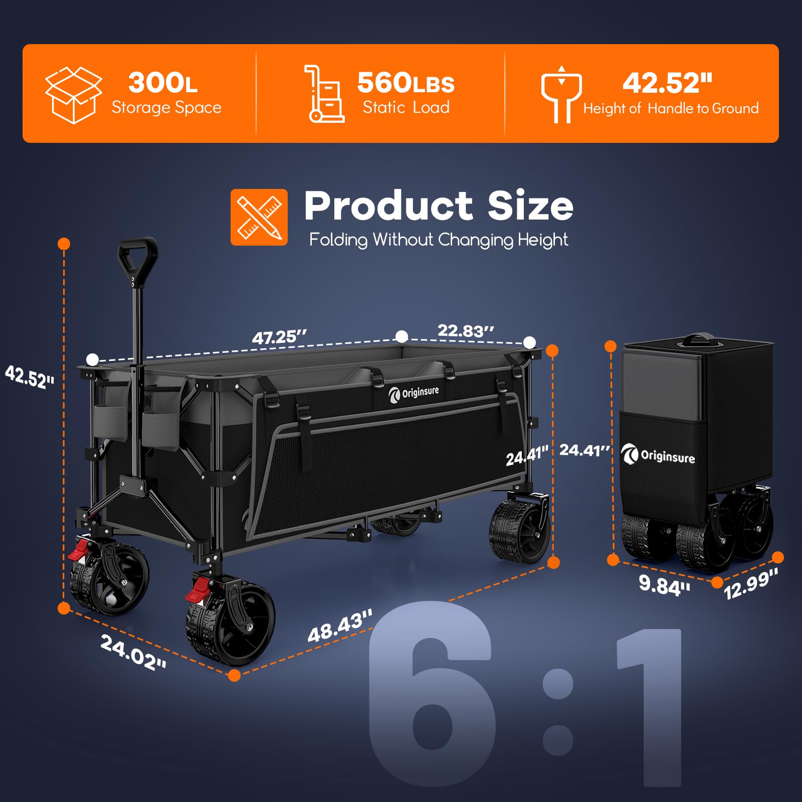 Originsure folding wagon 300L capacity handles groceries and gear.