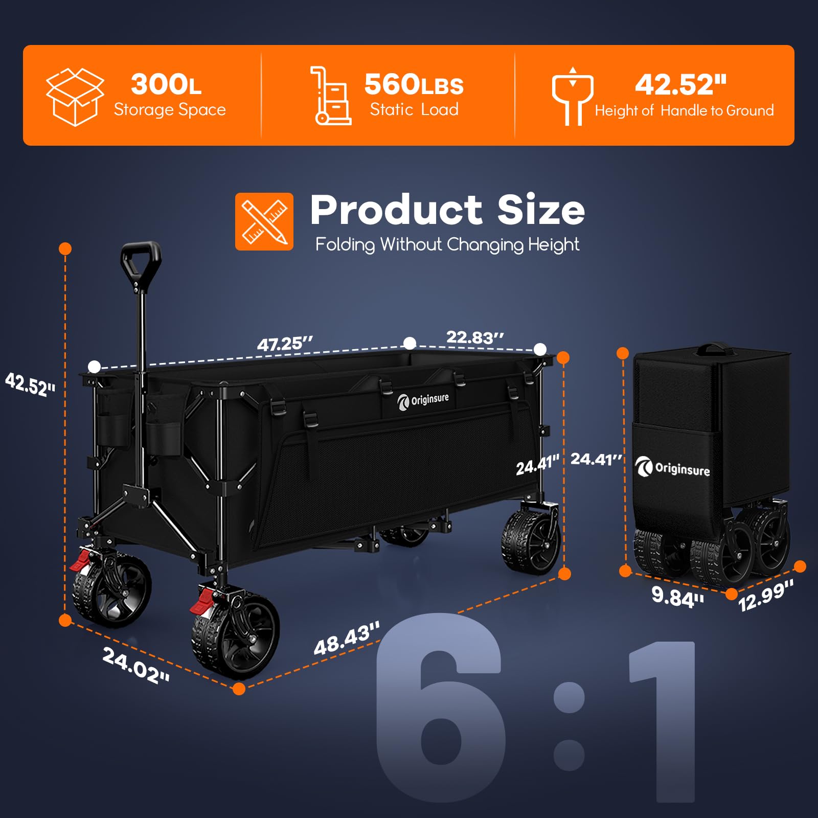 Originsure folding wagon folded size demonstrates compact storage in car trunk
