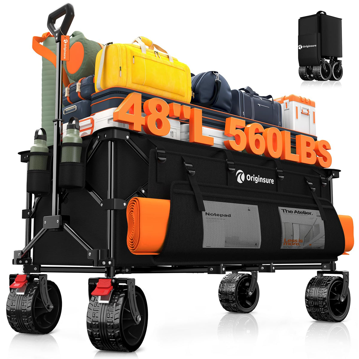 Originsure folding wagon unfolded size shows 300L capacity for groceries and gear