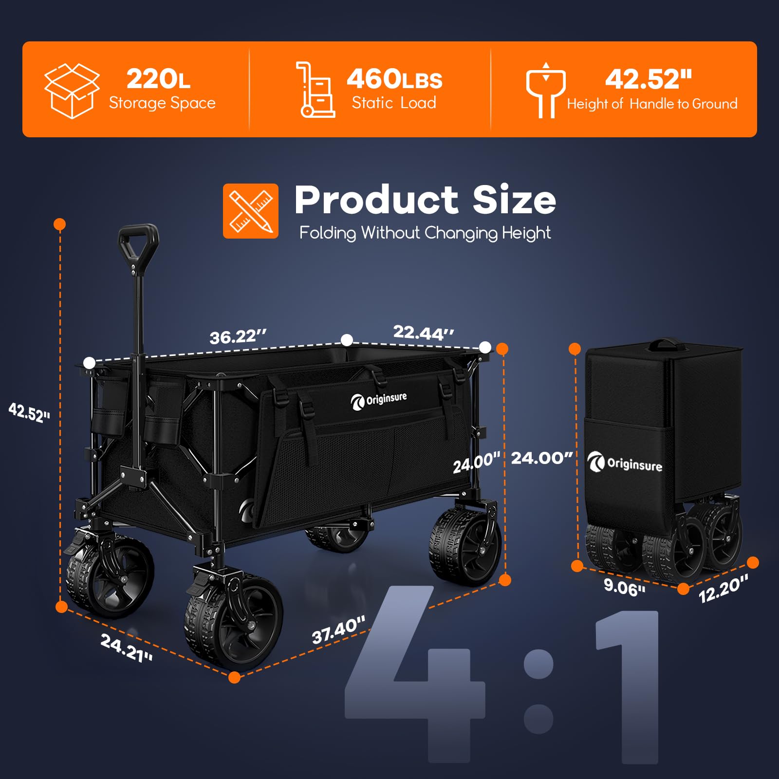 Originsure big all-terrain wheels glide over grass, sand, and gravel.