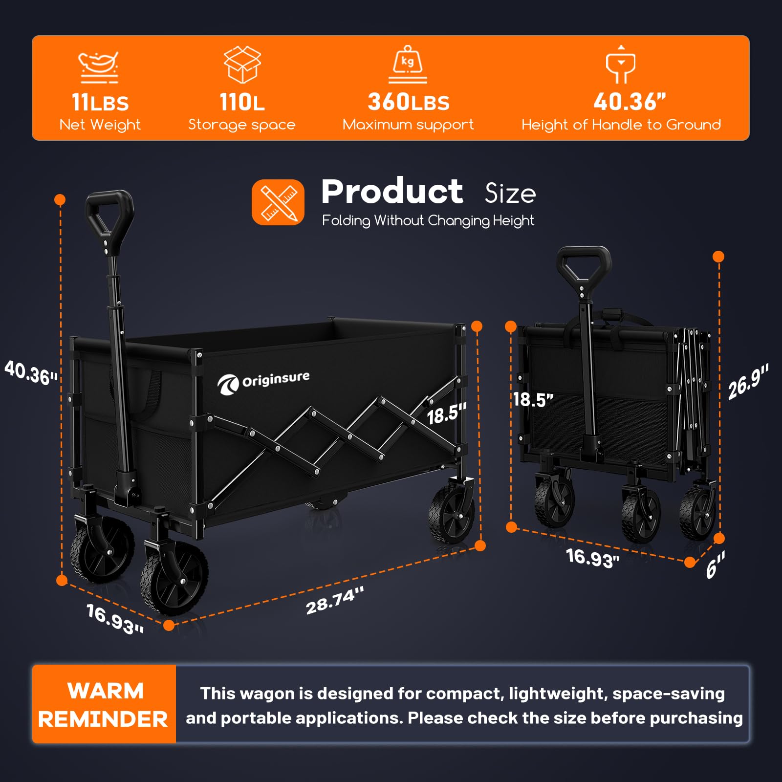 Originsure wagon unfolded with compact dimensions for tight spaces.