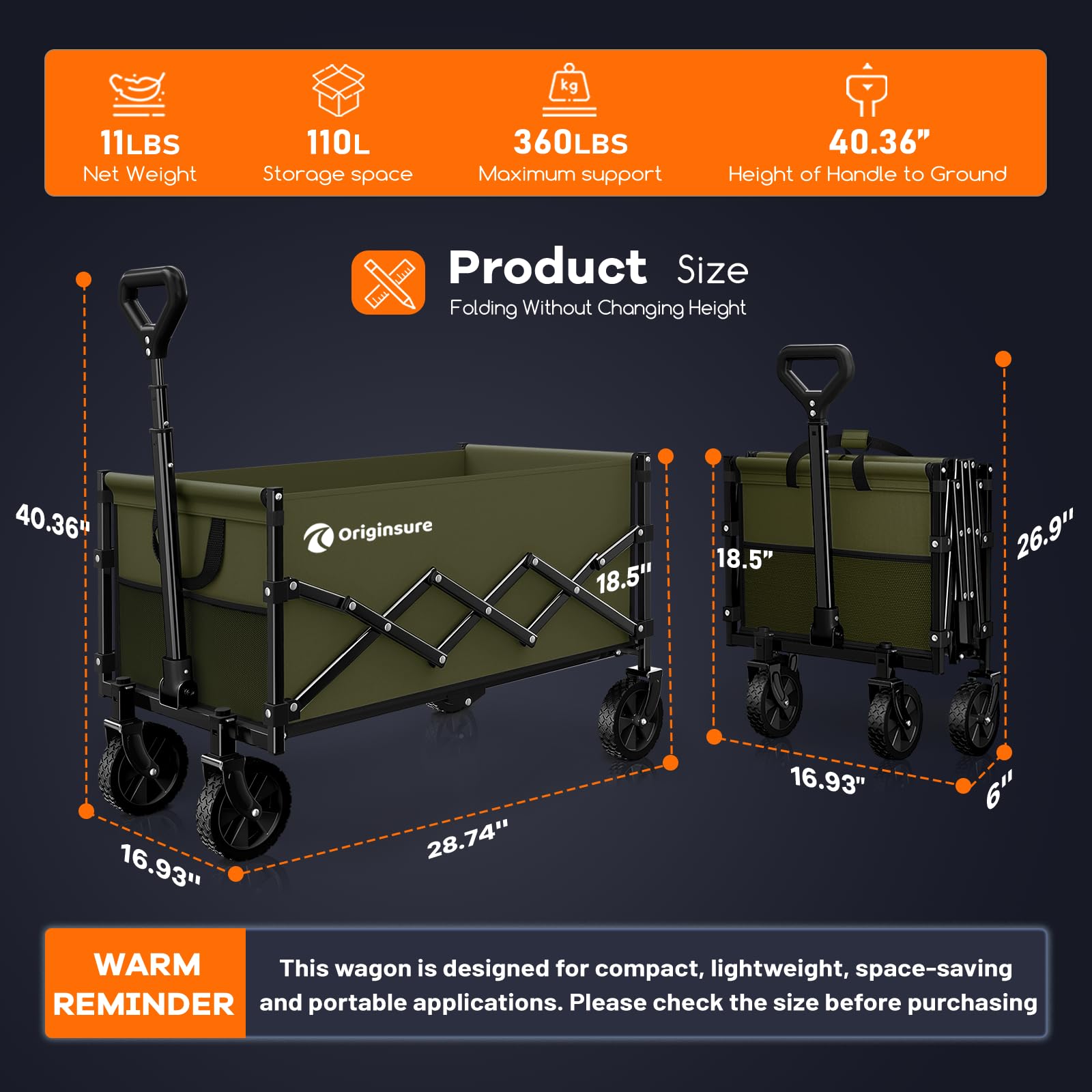 Originsure wagon unfolded size 28.74 by 16.93 by 18.5 inches in green for planning space