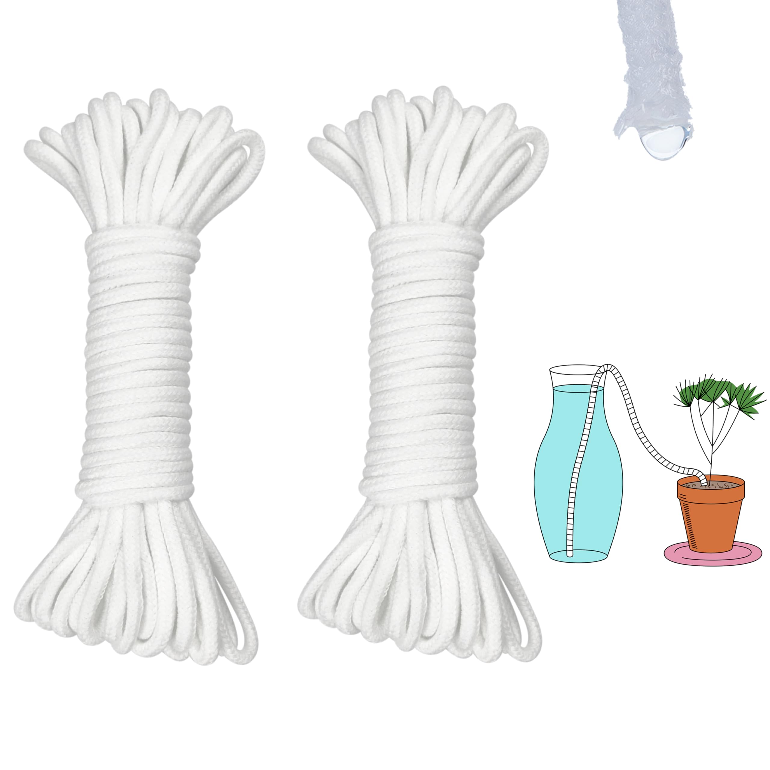 ORIMERC 60ft capillary wick cord delivering steady watering to potted plants.