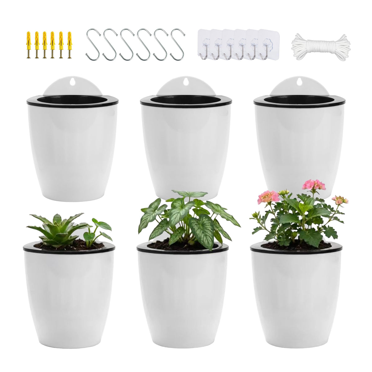 ORIMERC 6-pack white self-watering wall planters organized for a compact vertical garden.