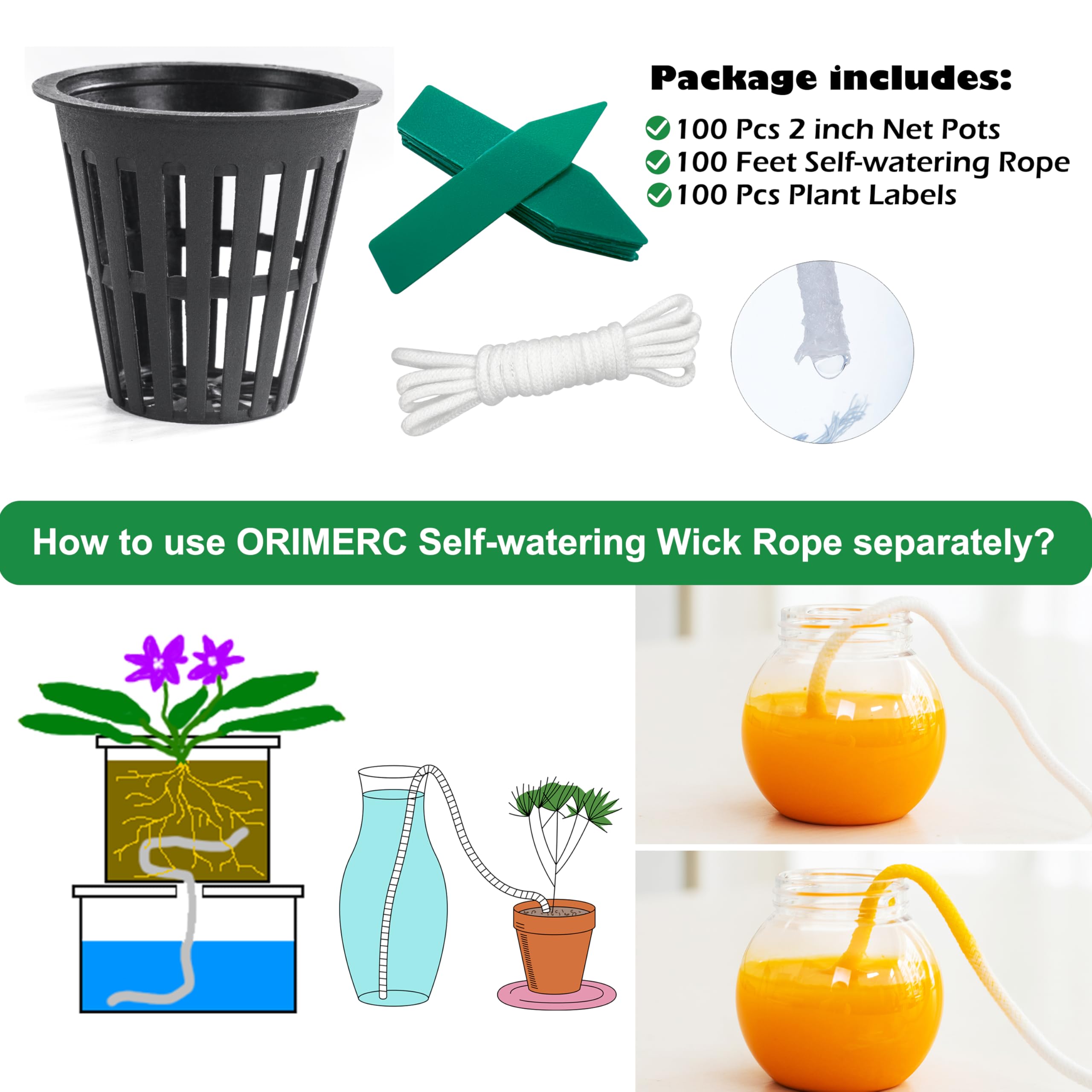 Orimerc packaged set includes 100 pots, wick cord, and plant labels