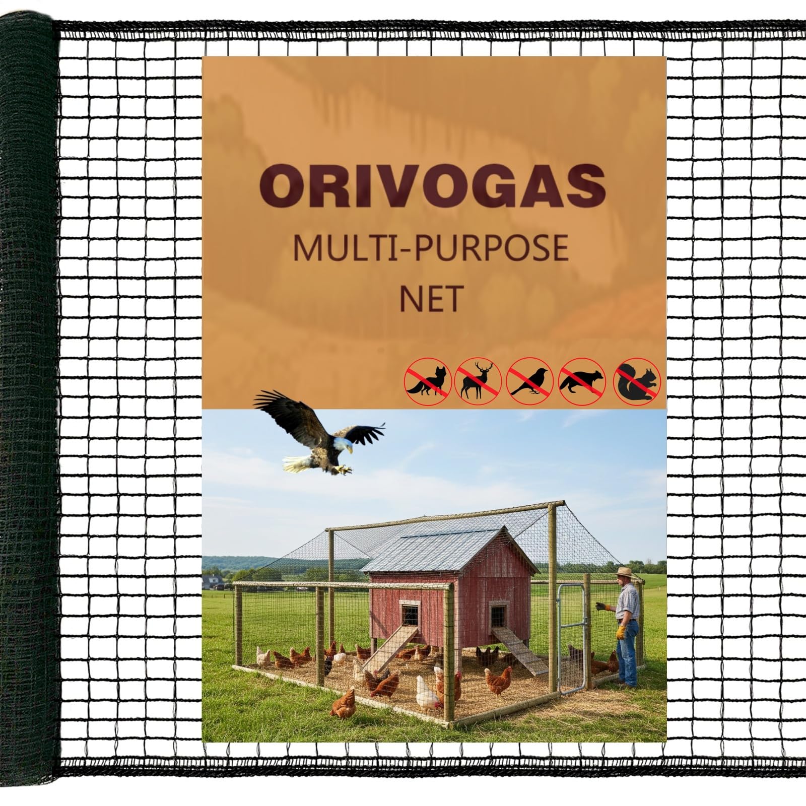 ORIVOGAS heavy-duty bird netting over a chicken coop preventing hawk intrusions while remaining discreet.