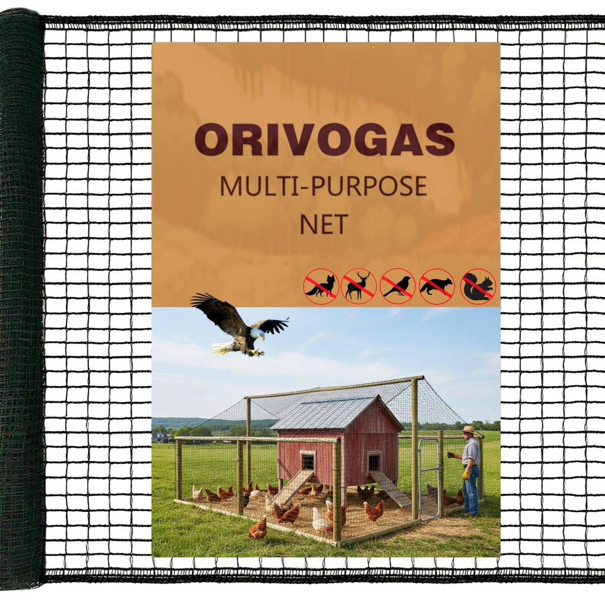 ORIVOGAS heavy-duty bird netting over a chicken coop preventing hawk intrusions while remaining discreet.