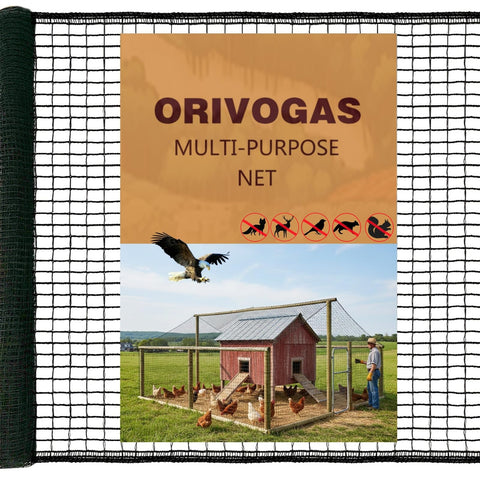 ORIVOGAS heavy-duty bird netting over a chicken coop preventing hawk intrusions while remaining discreet.