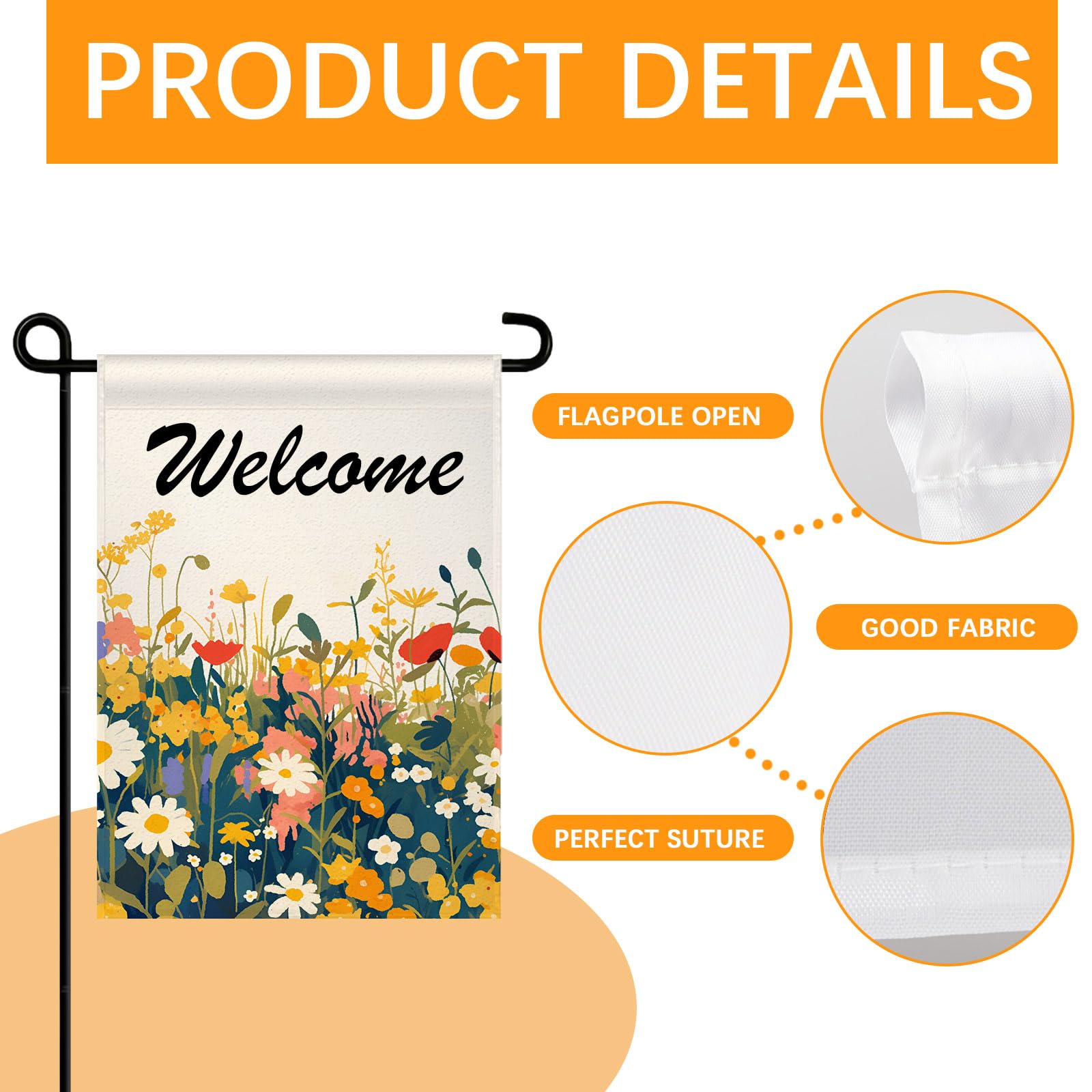 Close-up stitching on ORJ garden flags ensures durable outdoor use.