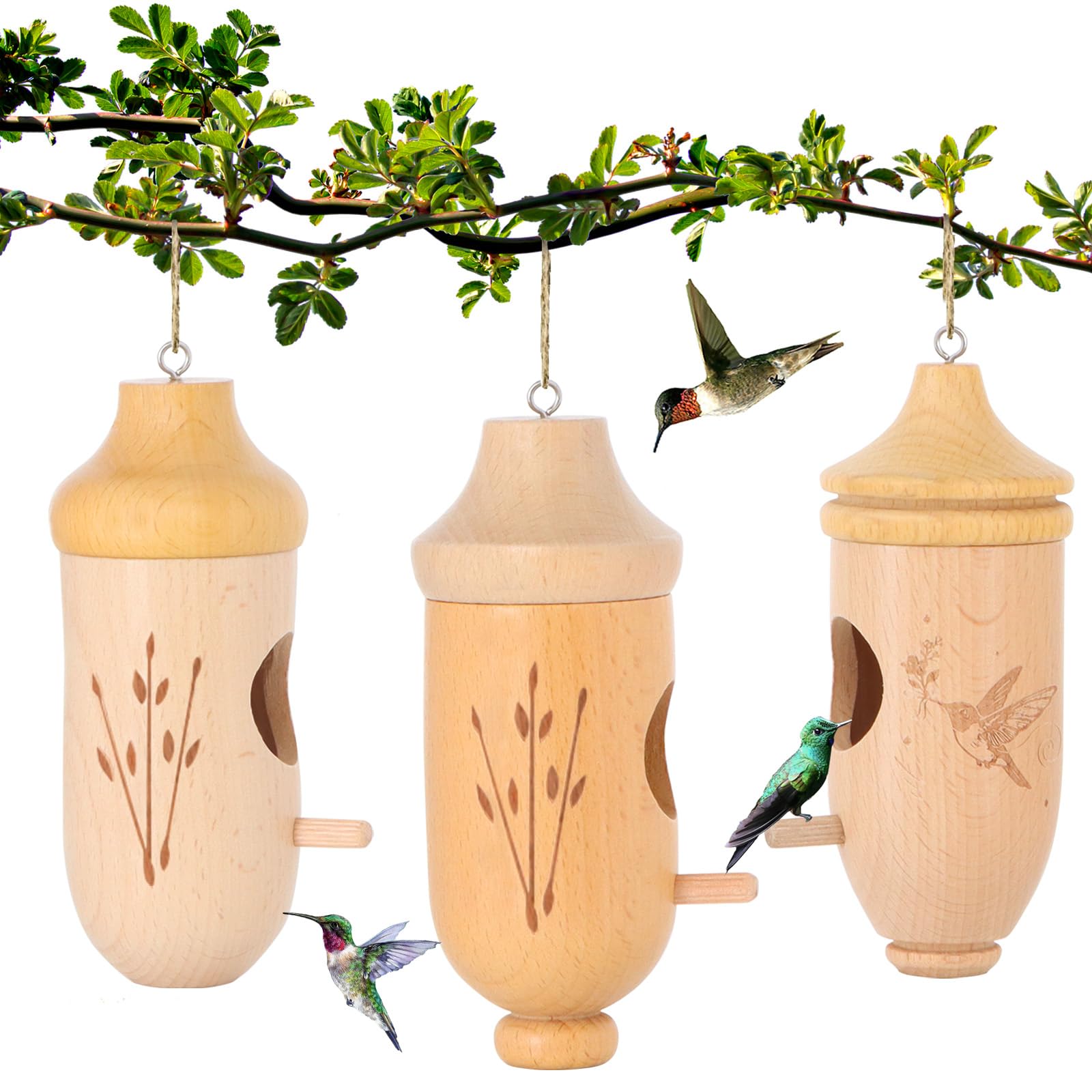 OROGHT hummingbird house in natural beech wood for outdoor garden decor.