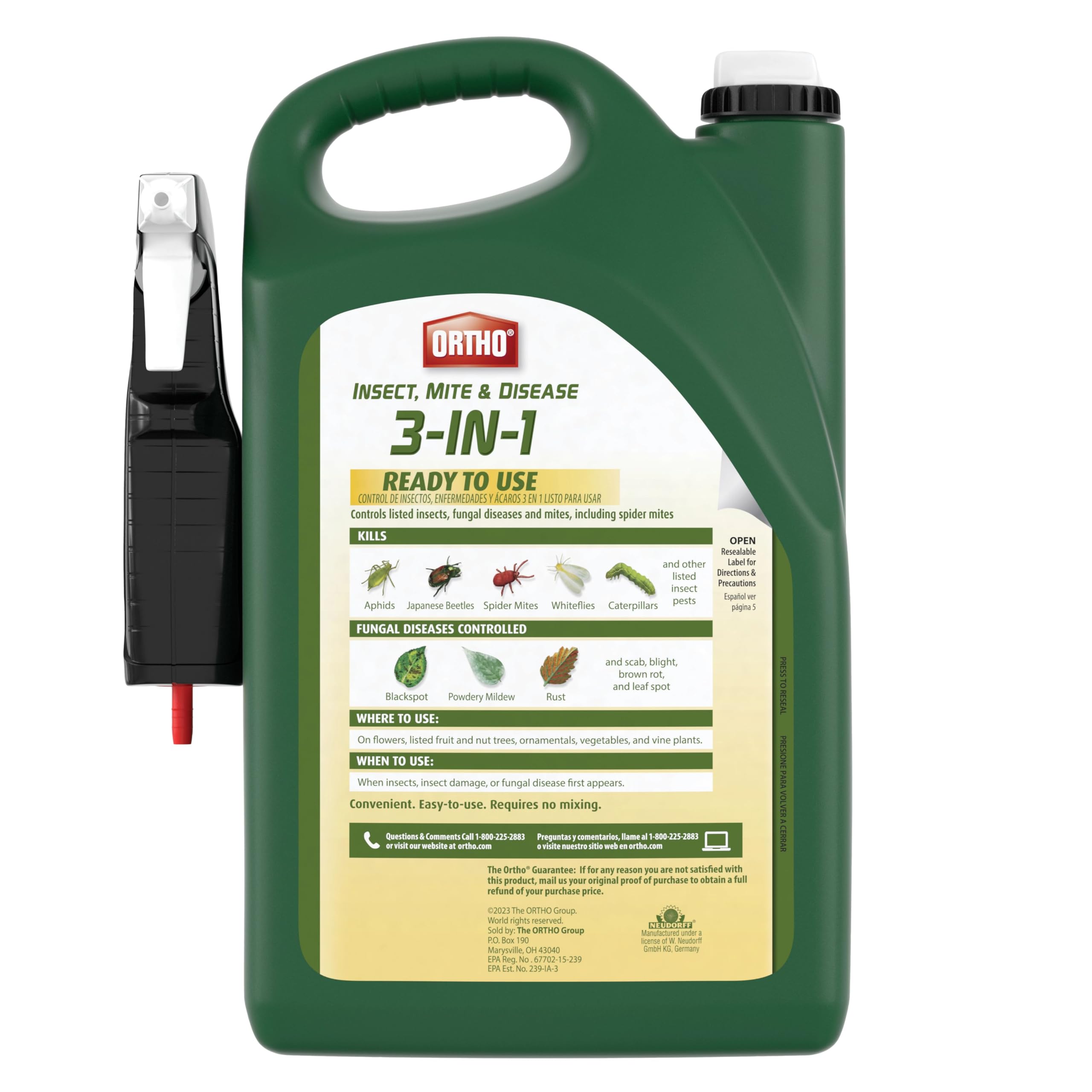 Ortho 3-in-1 spray application ready from bottle for quick control.