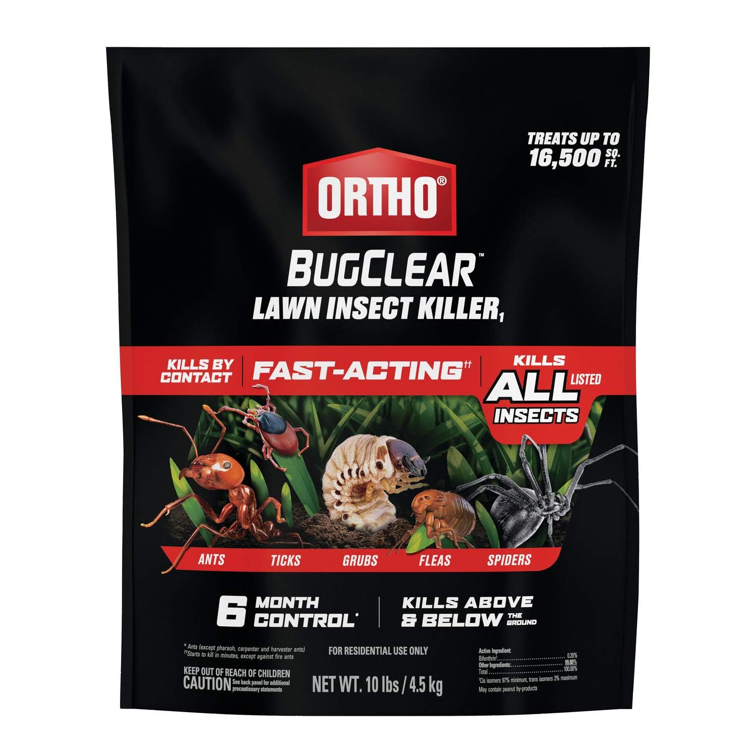 Ortho BugClear Lawn Insect Killer bag ready for outdoor use on a sunny lawn.