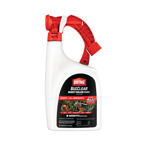 Ortho BugClear hose-end sprayer attached to hose for quick outdoor application.