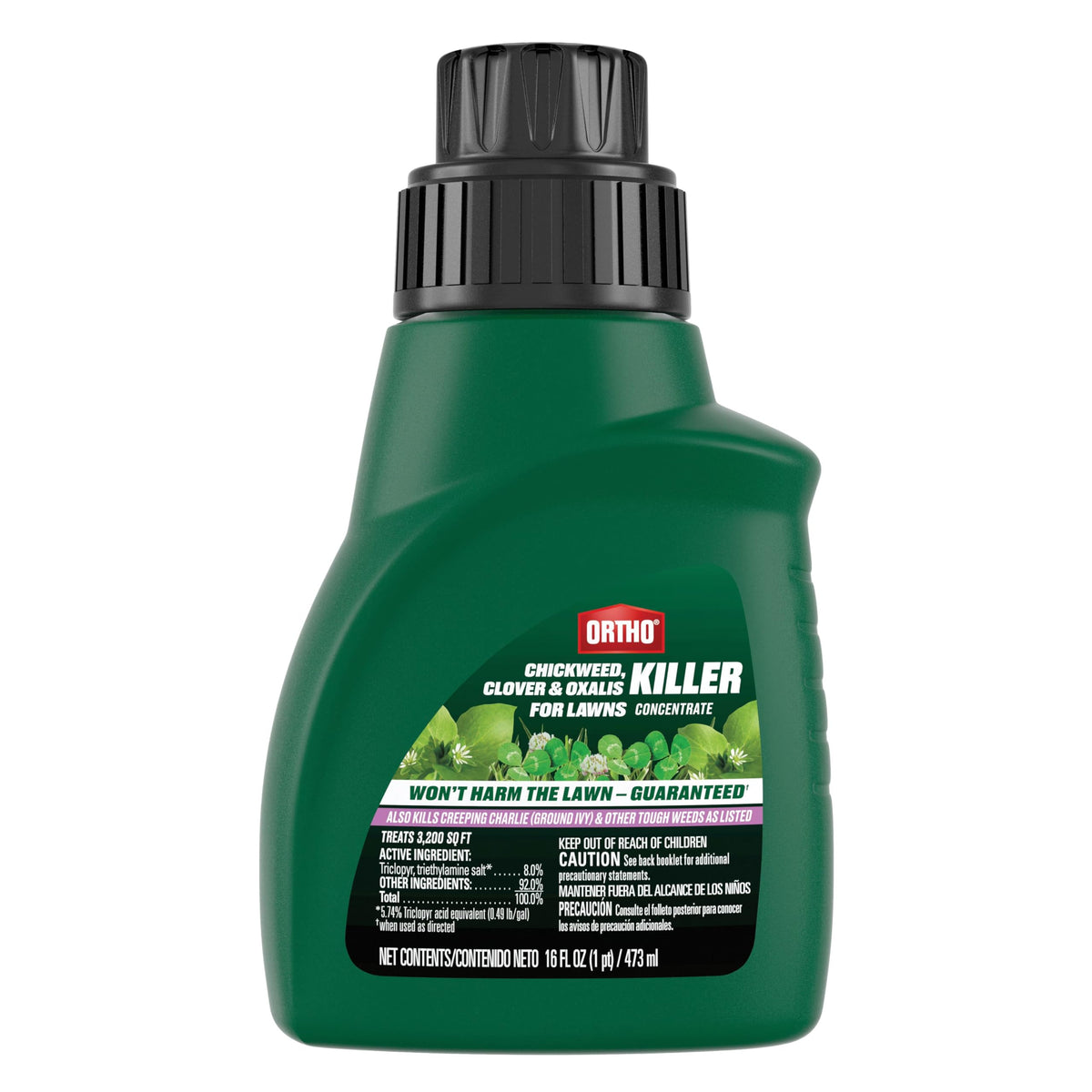 Ortho Chickweed, Clover & Oxalis Killer for Lawns bottle targets weeds while protecting the lawn.