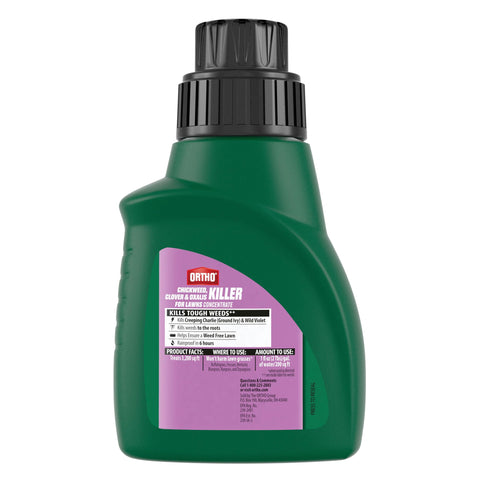 Ortho Chickweed, Clover & Oxalis Killer concentrate shown for dilution and tank sprayer use.