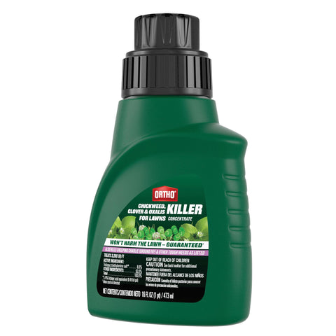 Ortho Chickweed, Clover & Oxalis Killer concentrate bottle treats up to 3,200 sq ft.