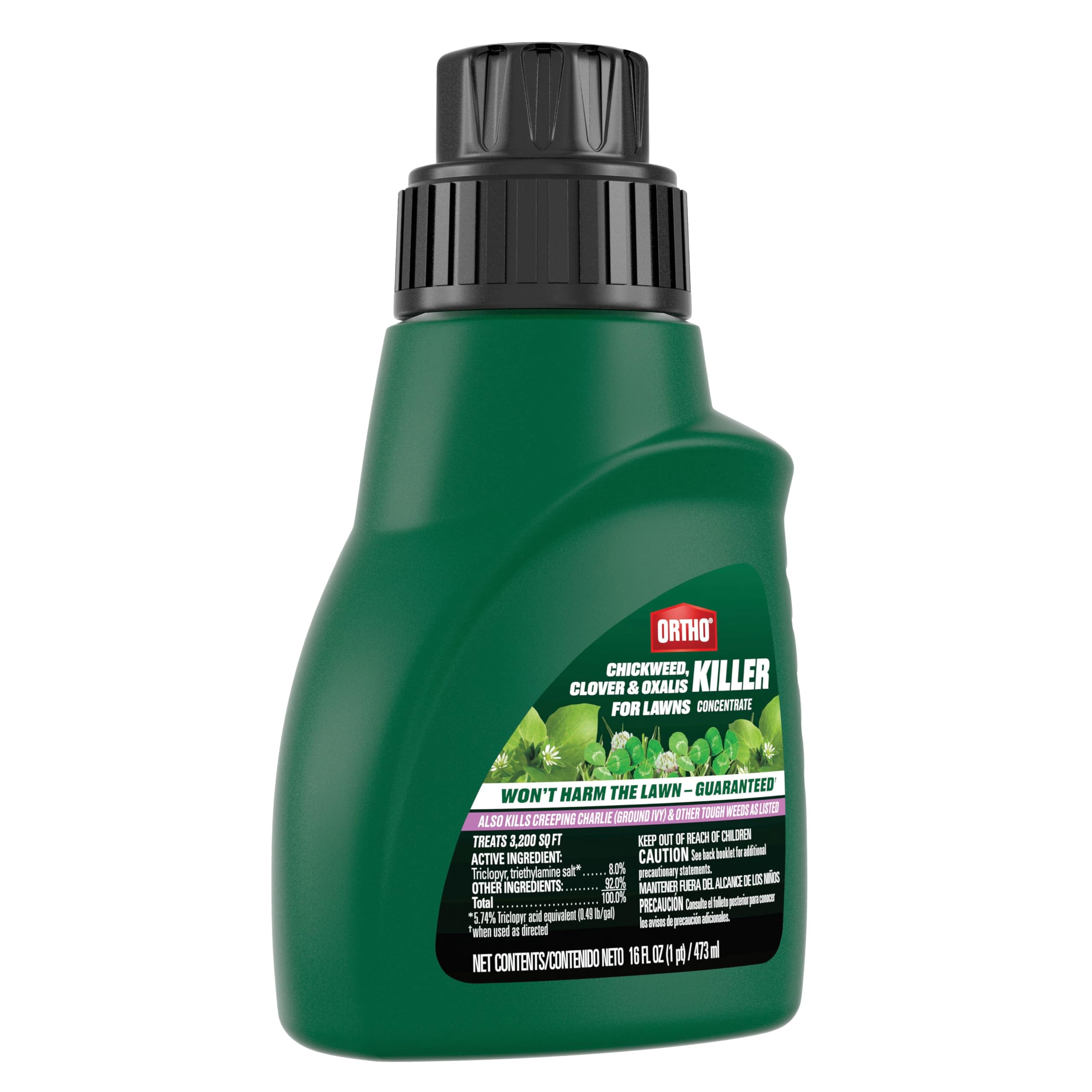 Ortho Chickweed, Clover & Oxalis Killer package front highlights weed control for turf.
