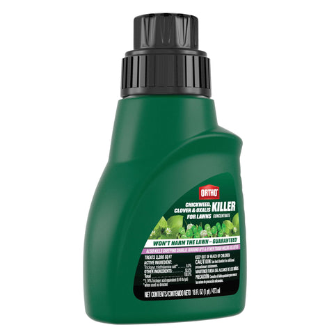 Ortho Chickweed, Clover & Oxalis Killer package front highlights weed control for turf.