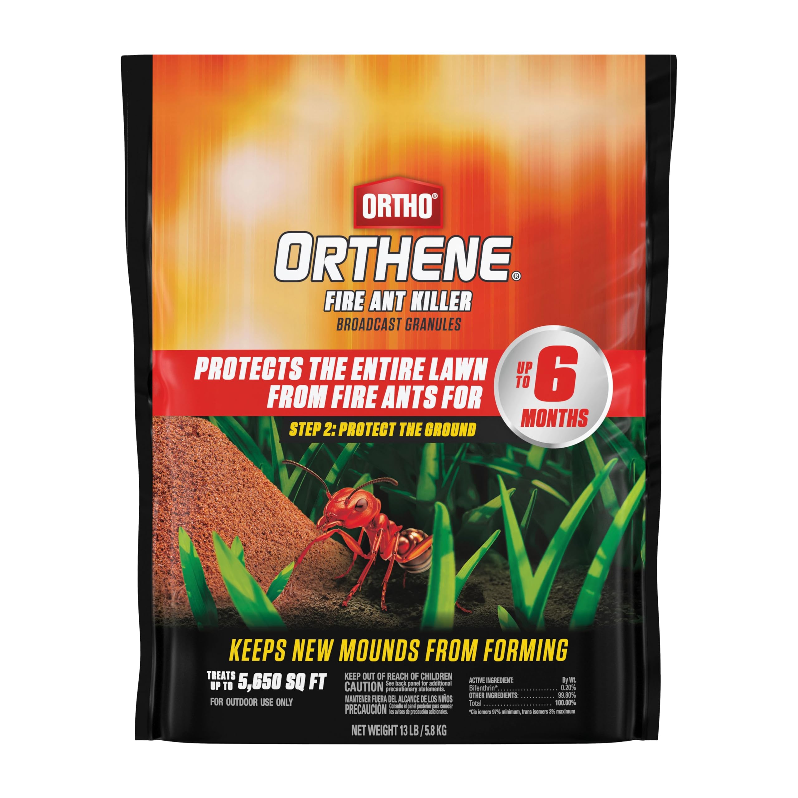 Ortho Fire Ant Killer Broadcast Granules on lawn for up to six months protection.