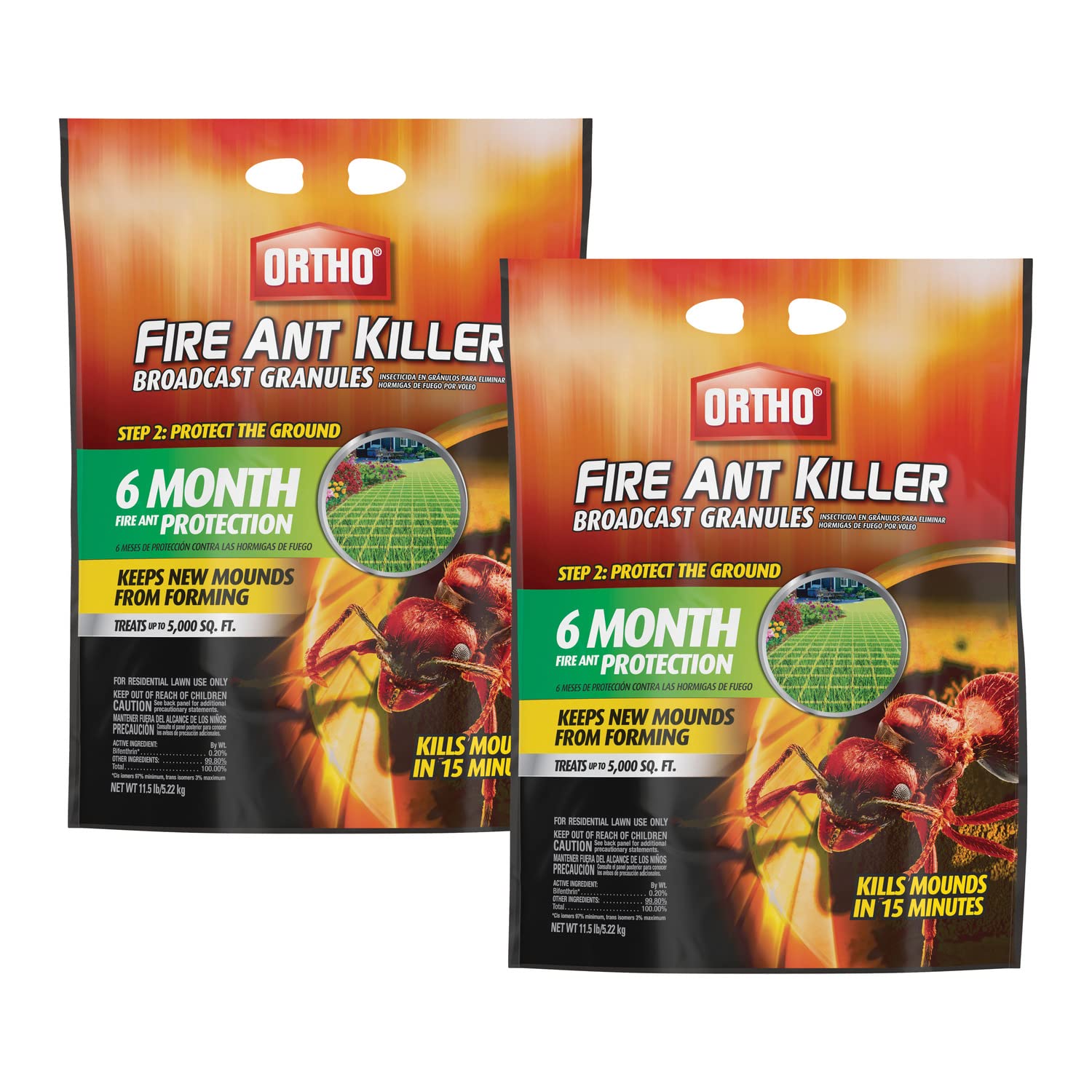 Ortho Fire Ant Killer Broadcast Granules pack shot showing practical lawn treatment benefits