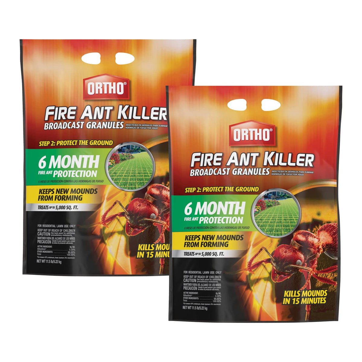 Ortho Fire Ant Killer Broadcast Granules pack shot showing practical lawn treatment benefits