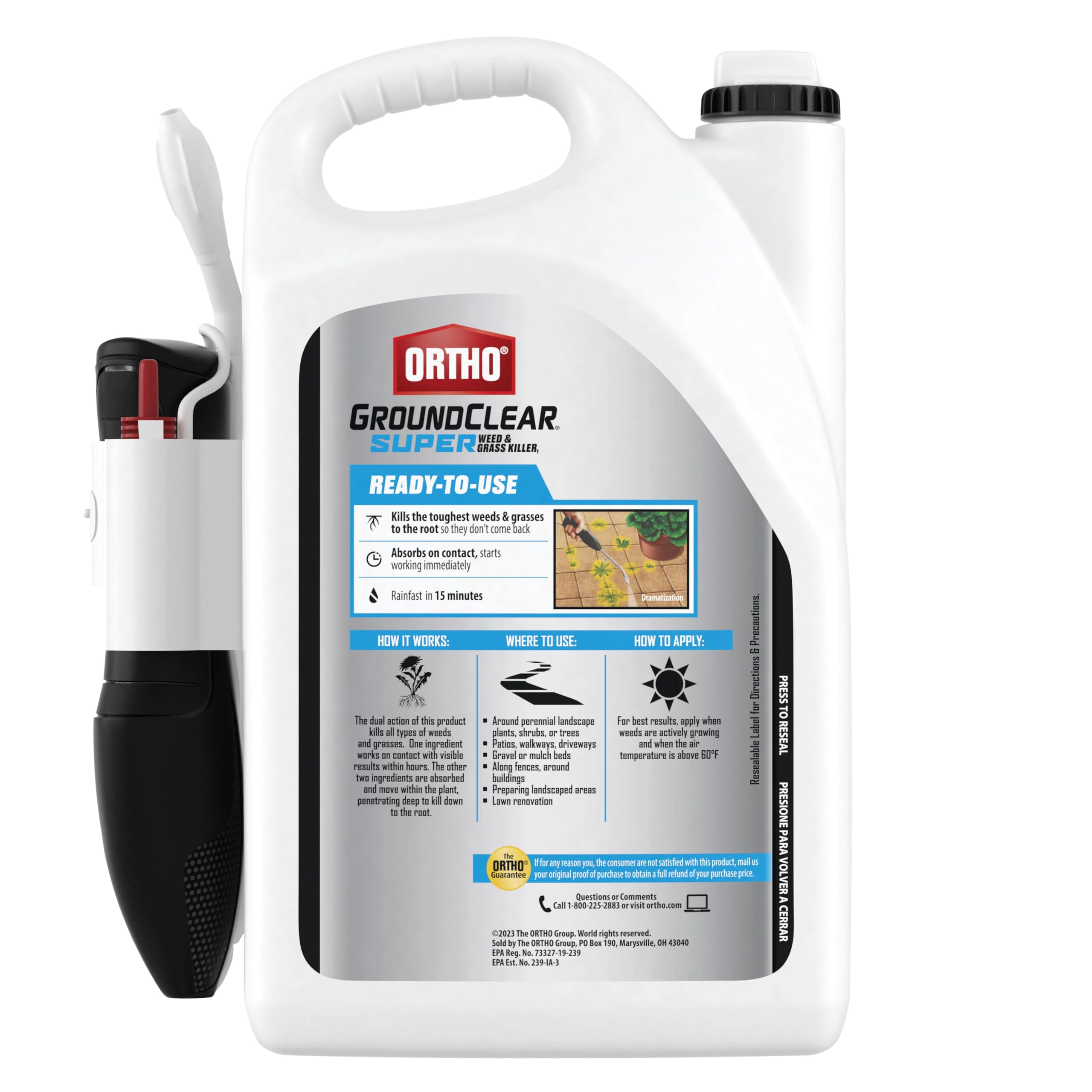 Ortho GroundClear product label closeup showing spray directions and safety notes.