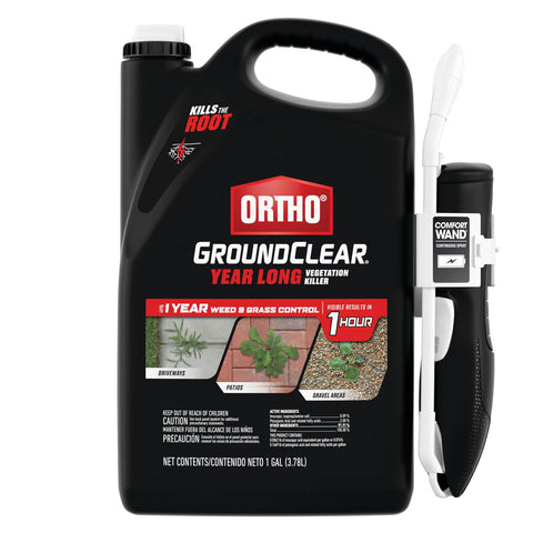 Ortho GroundClear bottle with Comfort Wand for targeted, year-long weed control.