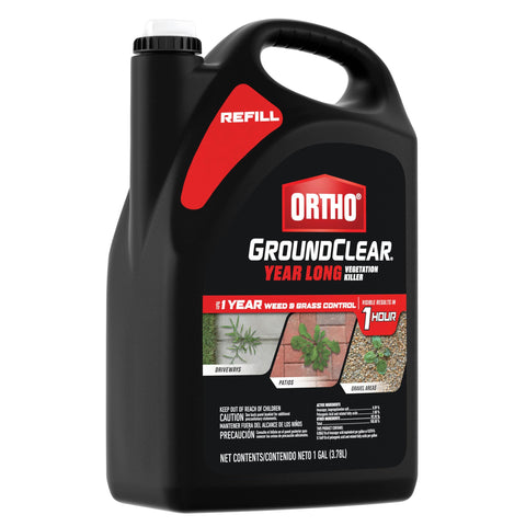 Outdoor scene shows Ortho GroundClear active against weed growth near fences.