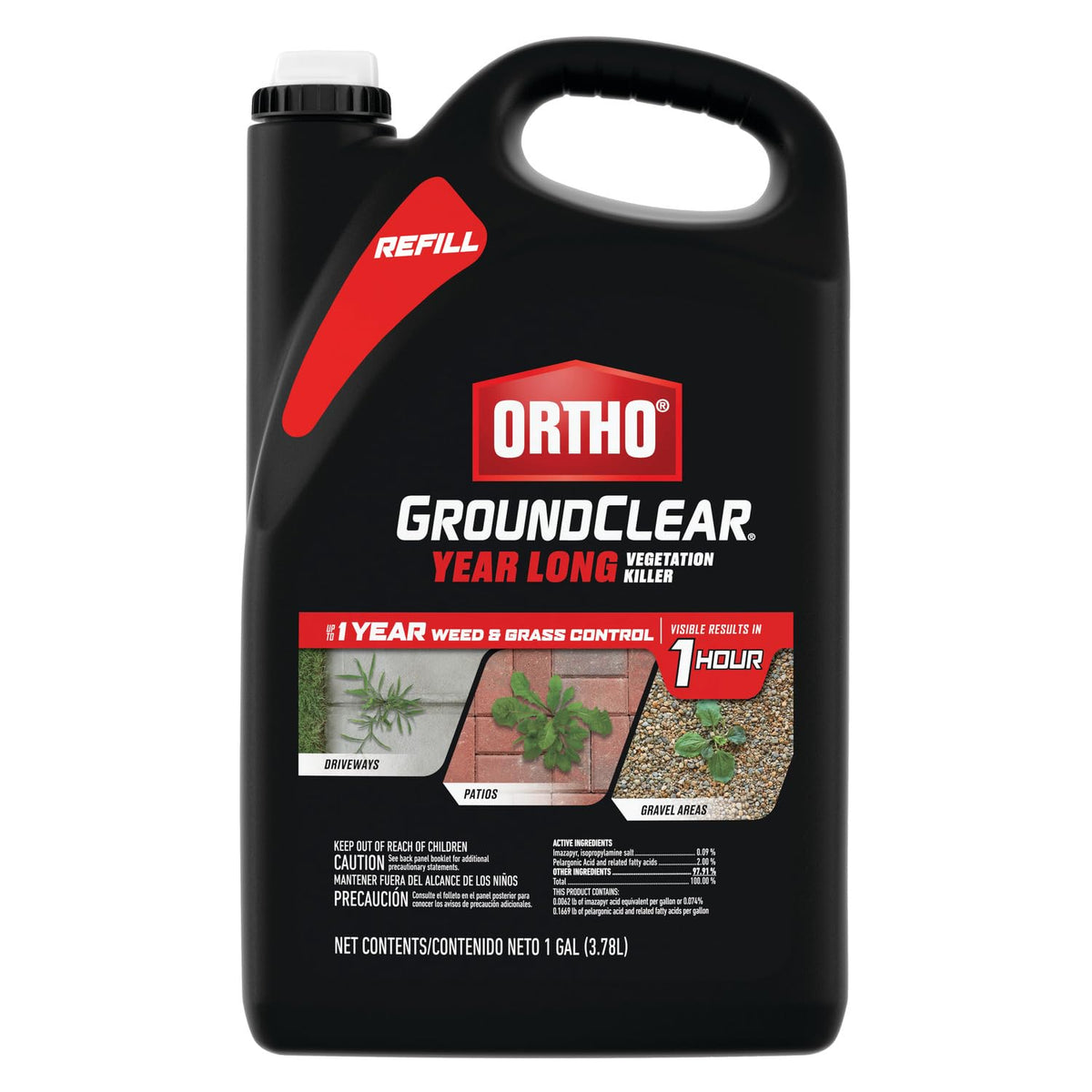 Ortho GroundClear refill label highlighting year-long weed control for outdoor surfaces.