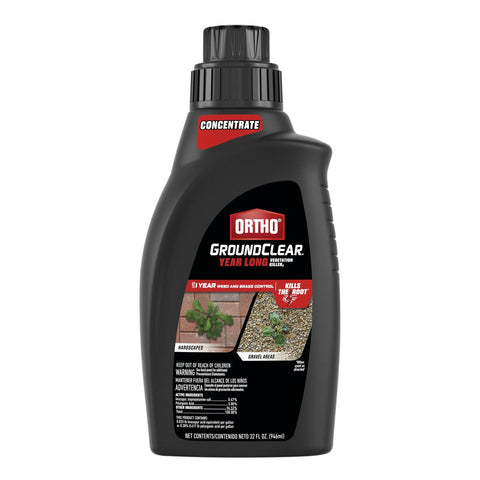 Ortho GroundClear bottle shown for year-long weed control on hard surfaces.
