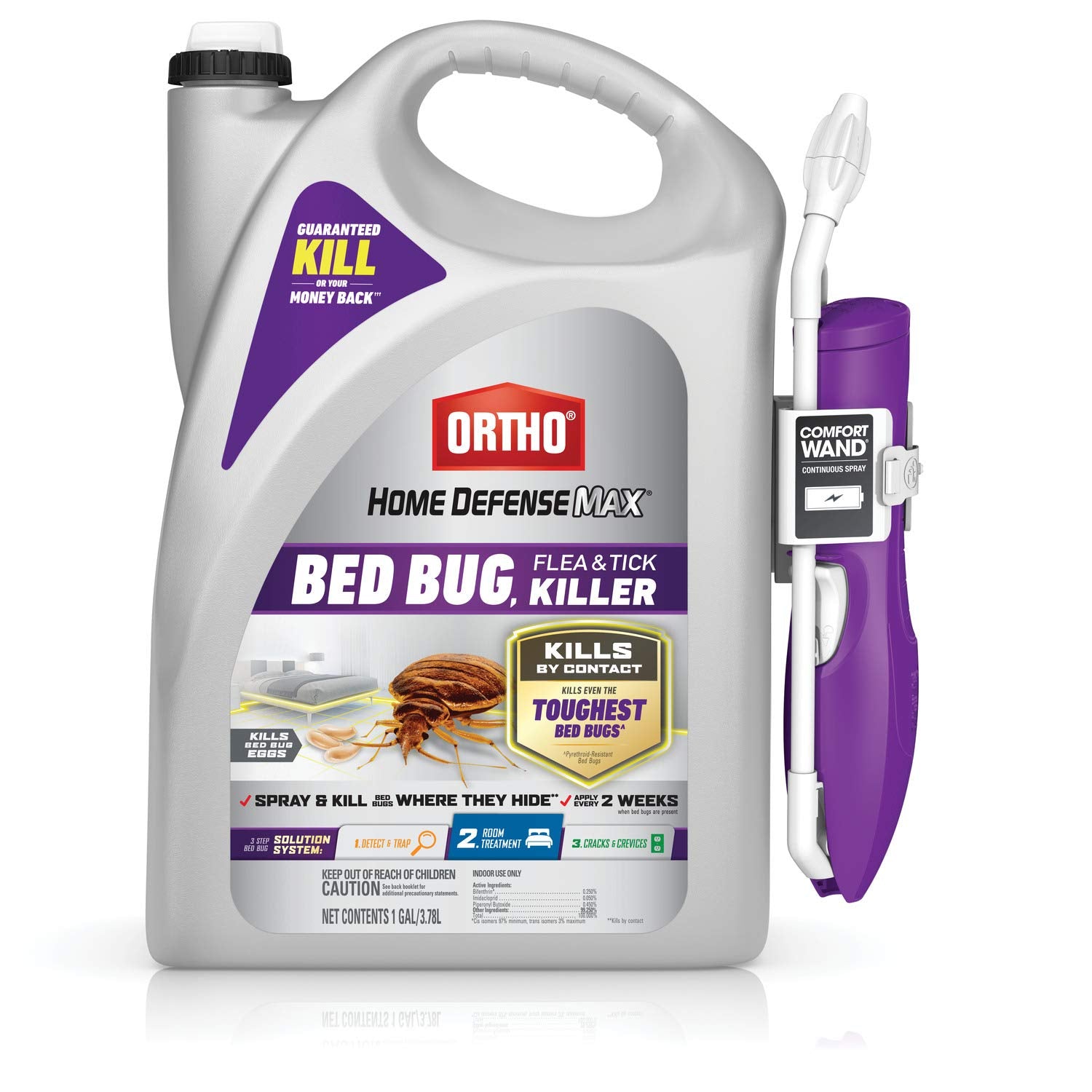 Ortho Home Defense Max label emphasizes safe indoor use and long-lasting impact.