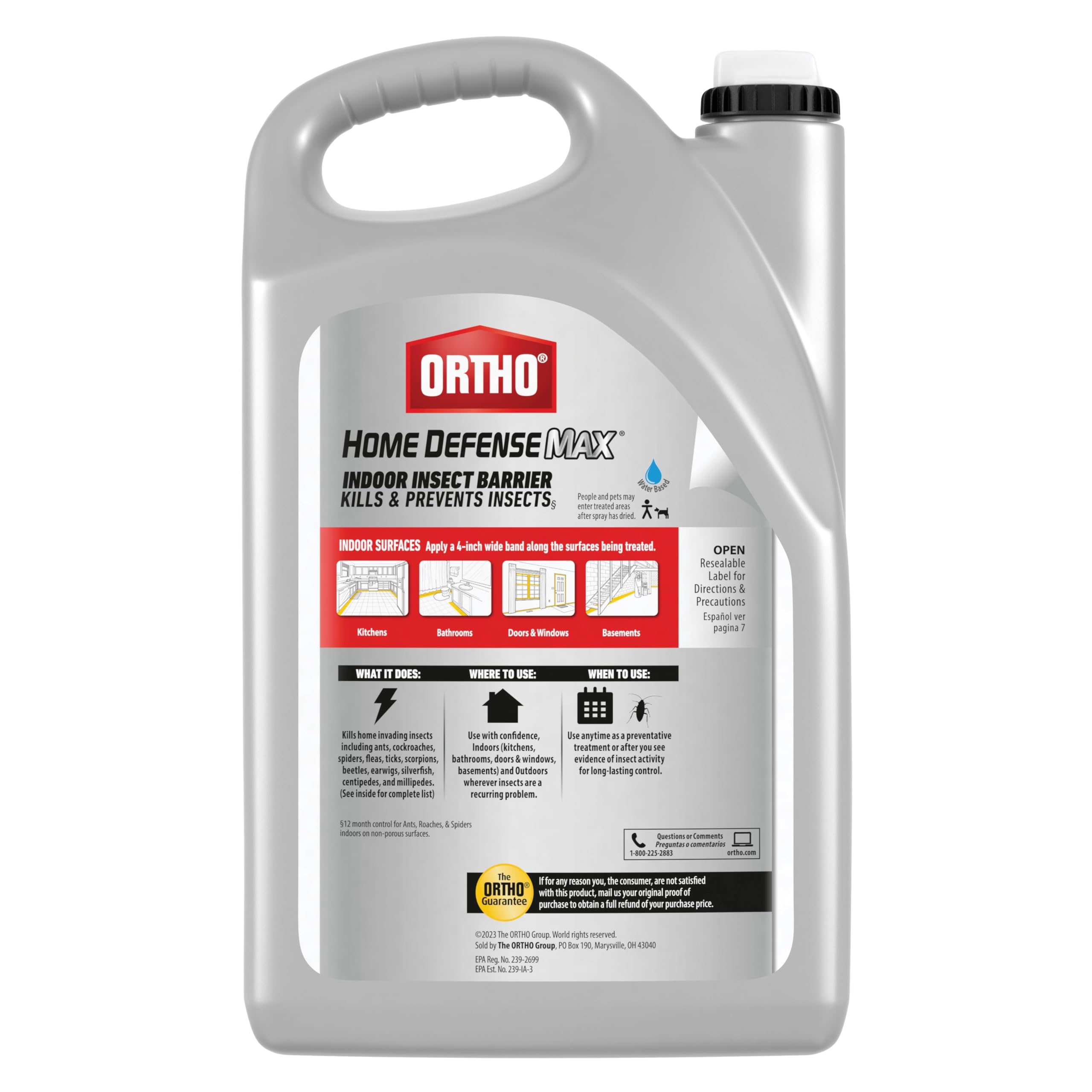 Ortho Home Defense Max spray at twelve inches for outdoor surfaces.