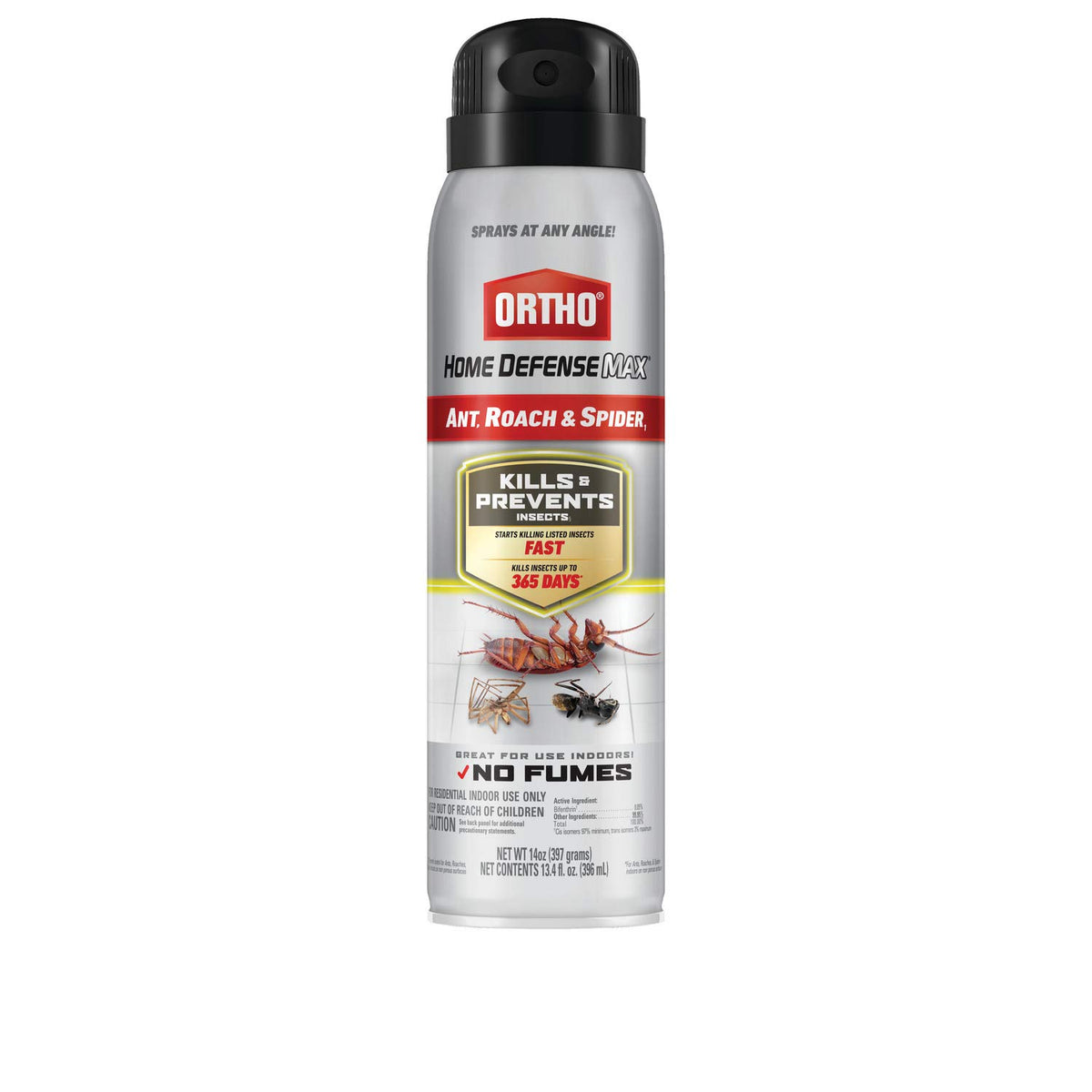 Ortho Home Defense Max bottle front highlights no fumes for indoor use