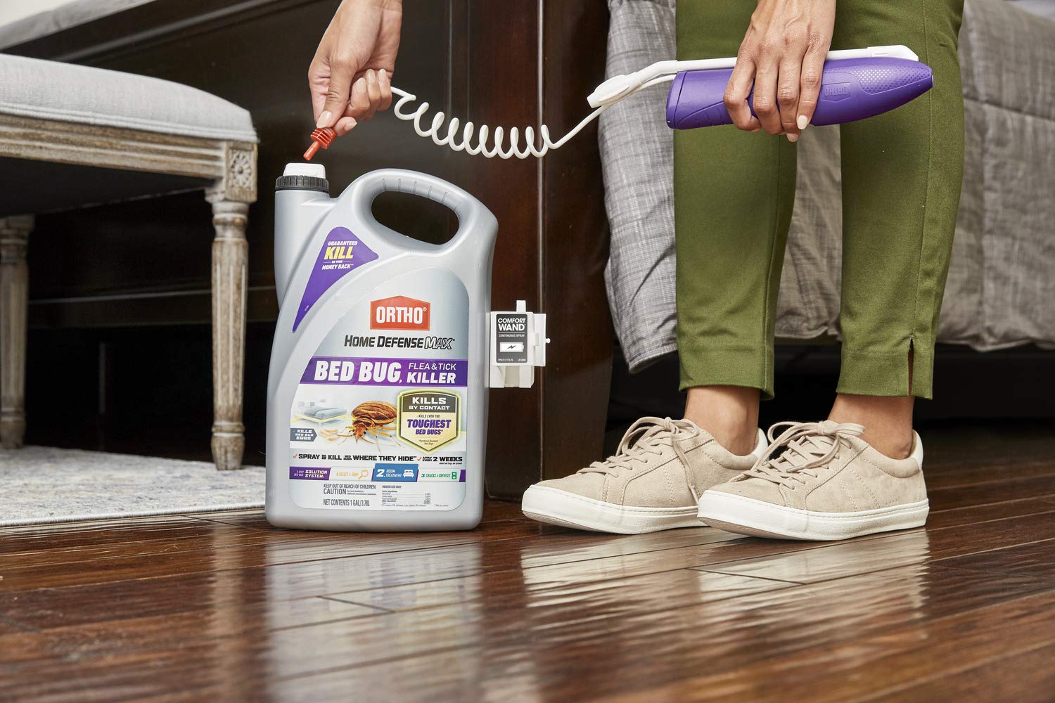 Ortho Home Defense Max spot-treatment around bed frame area.