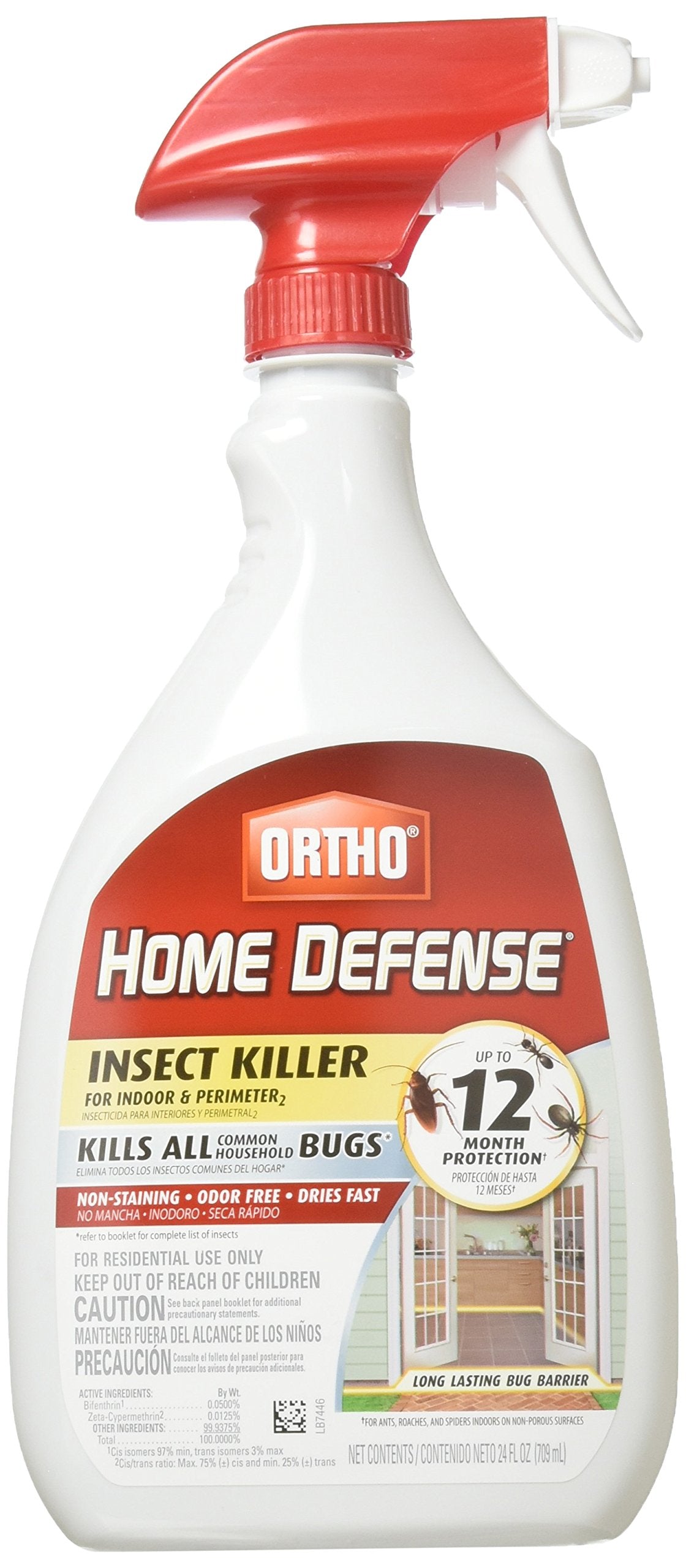Ortho Home Defense Max spray bottle used indoors for quick pest control.