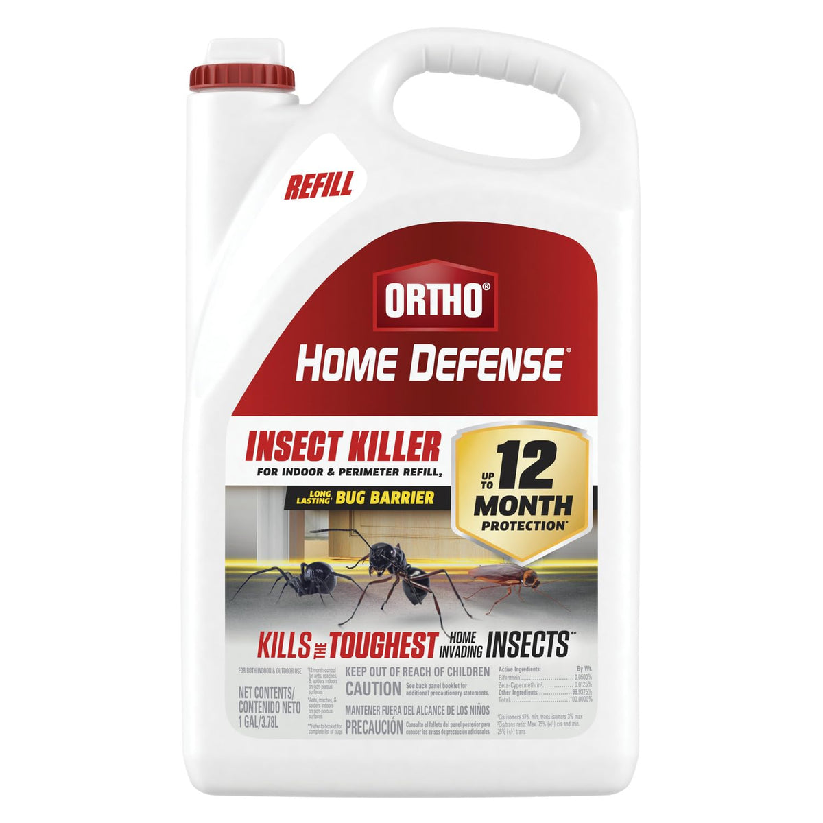 Ortho Home Defense refill2 bottle with easy-dispense nozzle for indoor use.