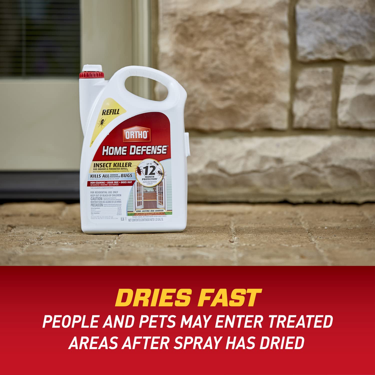 Ortho Home Defense spray demonstrates 4-inch indoor band coverage.