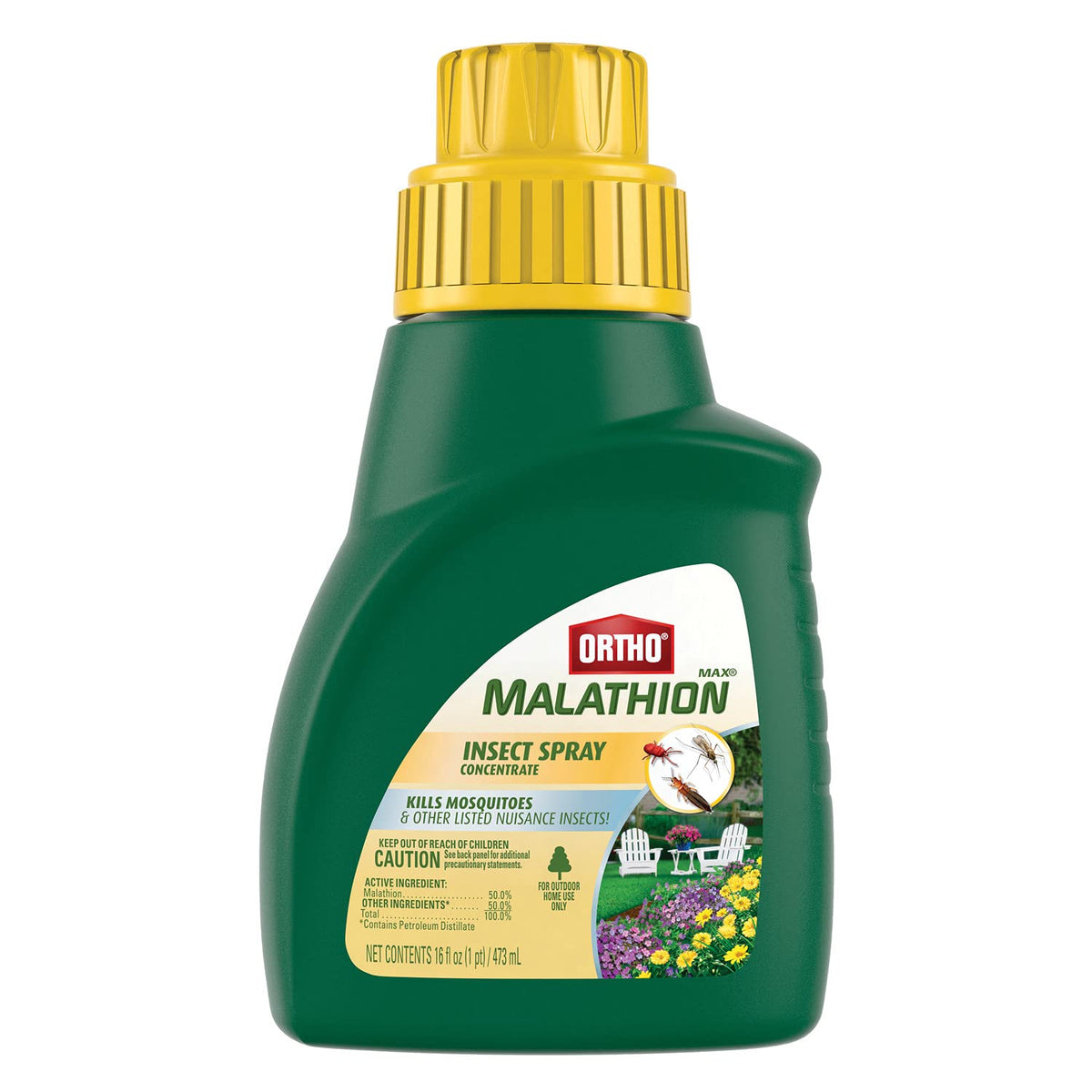 Ortho MAX Malathion concentrate bottle labeled for outdoor garden insect control.