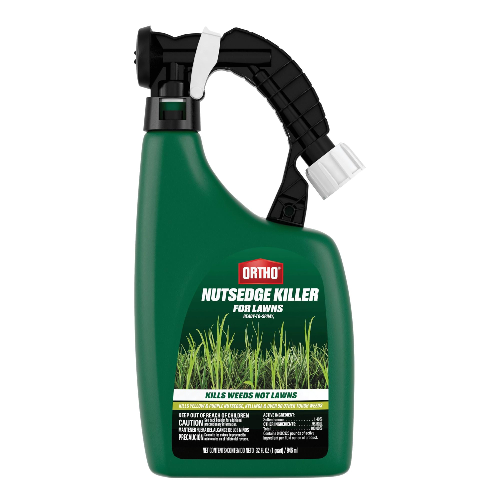 Ortho Nutsedge Killer for Lawns bottle closeup for easy hose-end application