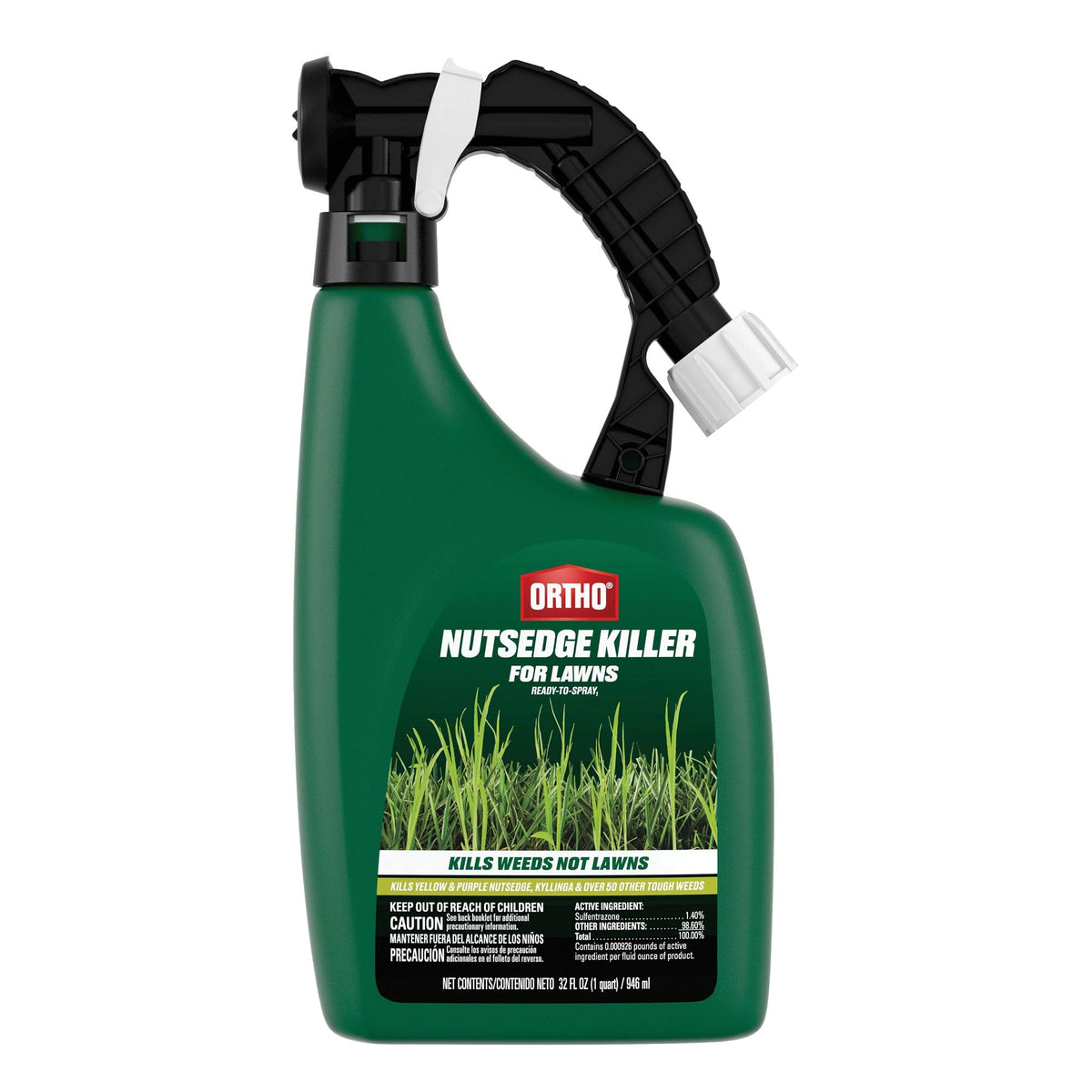Ortho Nutsedge Killer for Lawns bottle closeup for easy hose-end application