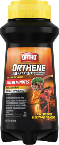 Ortho Orthene Fire Ant Killer bottle with shaker top ready for dry-mound treatment.