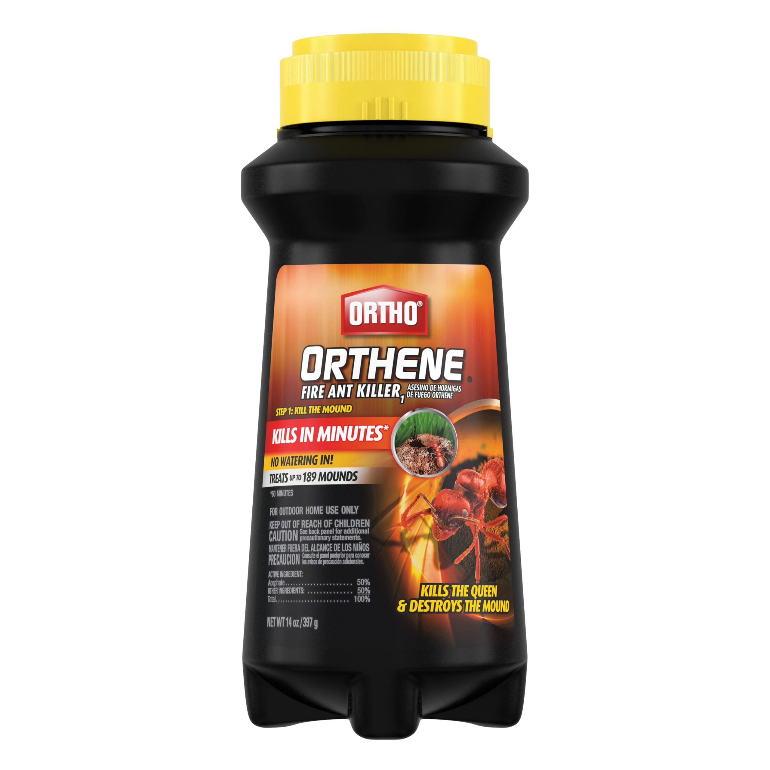 Ortho Orthene Fire Ant Killer1 bottle outdoors on the lawn for fast mound treatment.