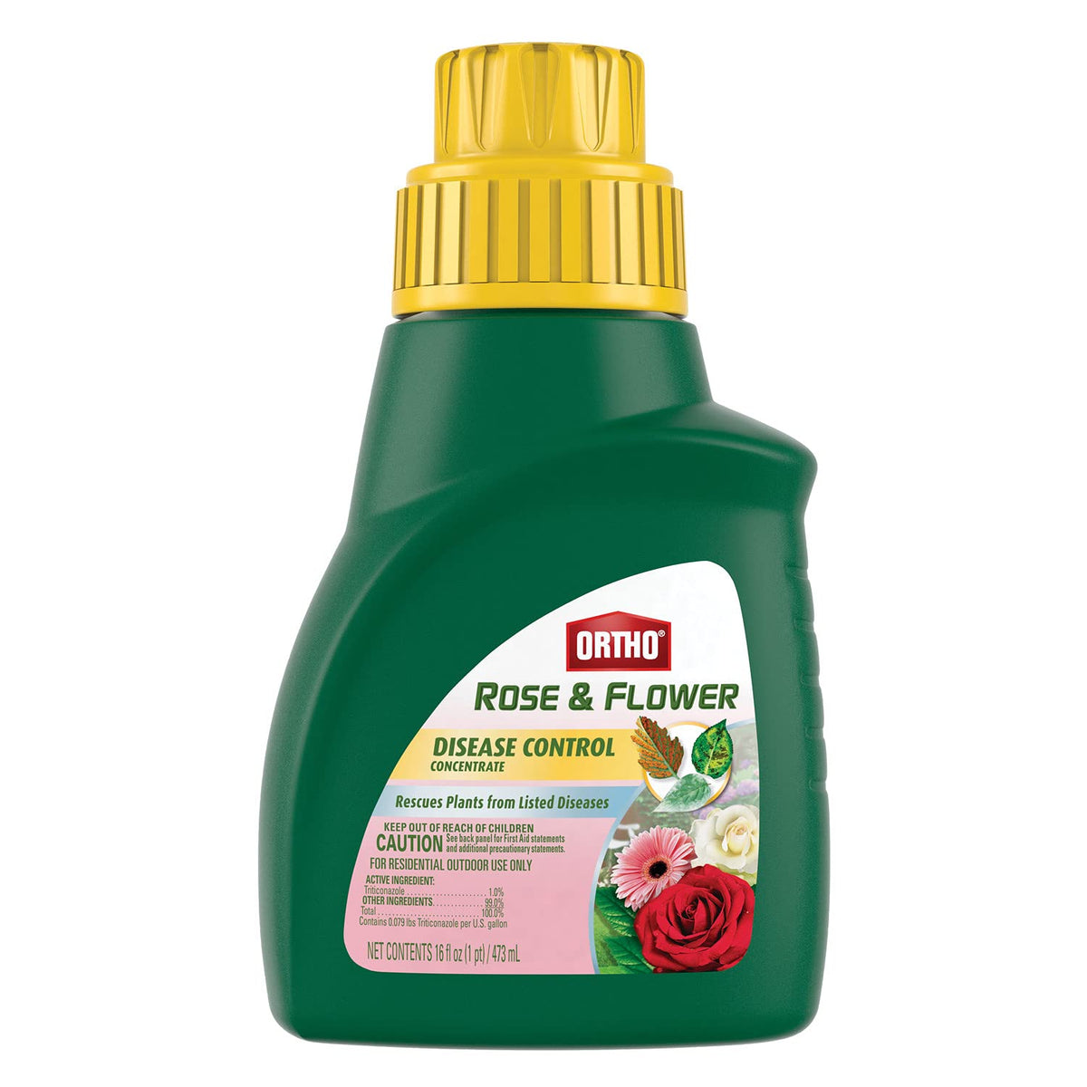 Ortho Rose & Flower Disease Control Concentrate bottle ready for outdoor use.