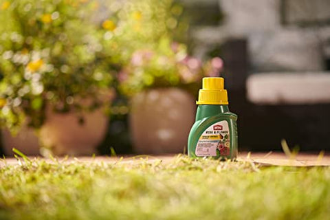 Ortho Rose & Flower concentrate applied to roses in a garden setting.