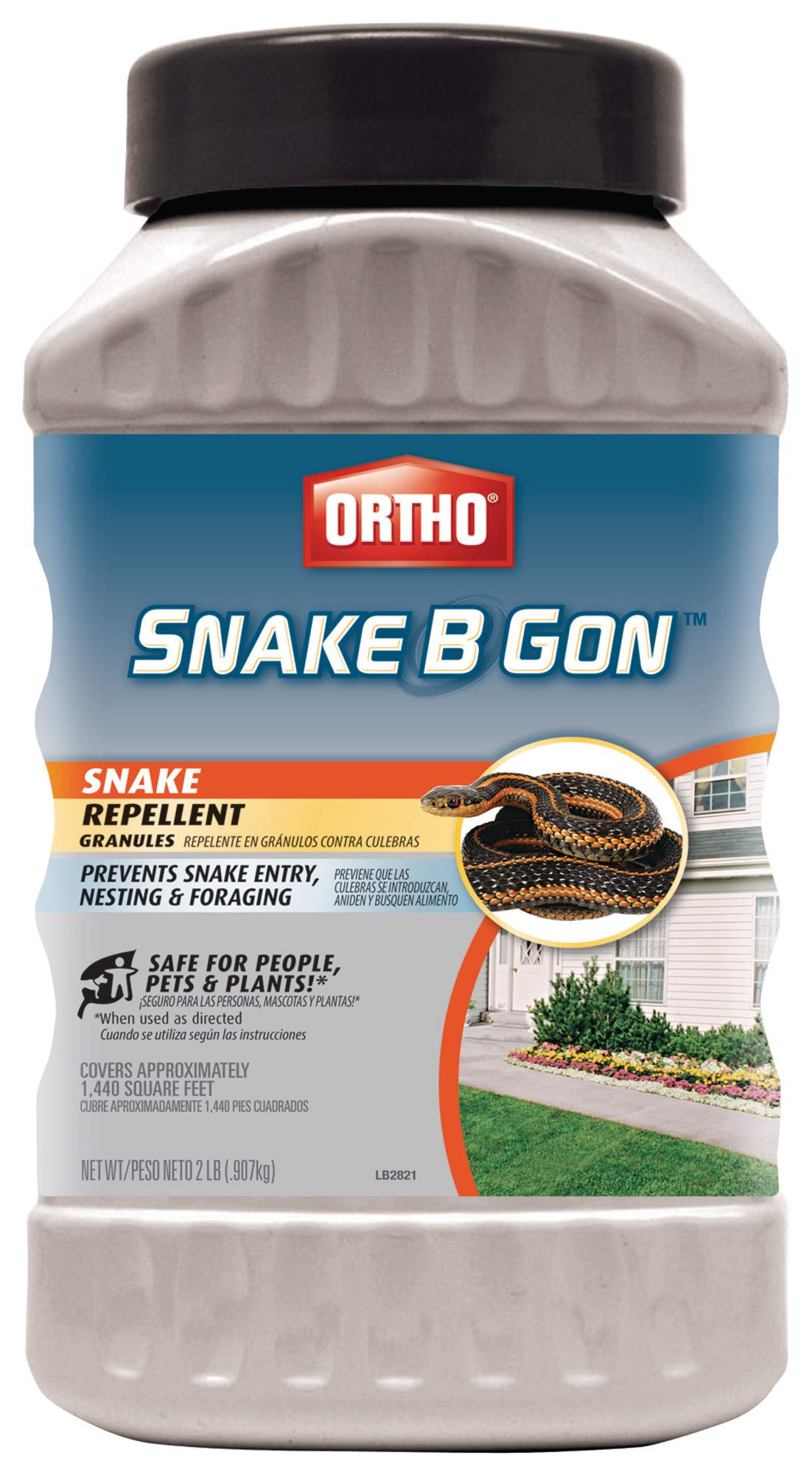 Ortho Snake B Gon granules tub packaging for easy outdoor snake deterrence.