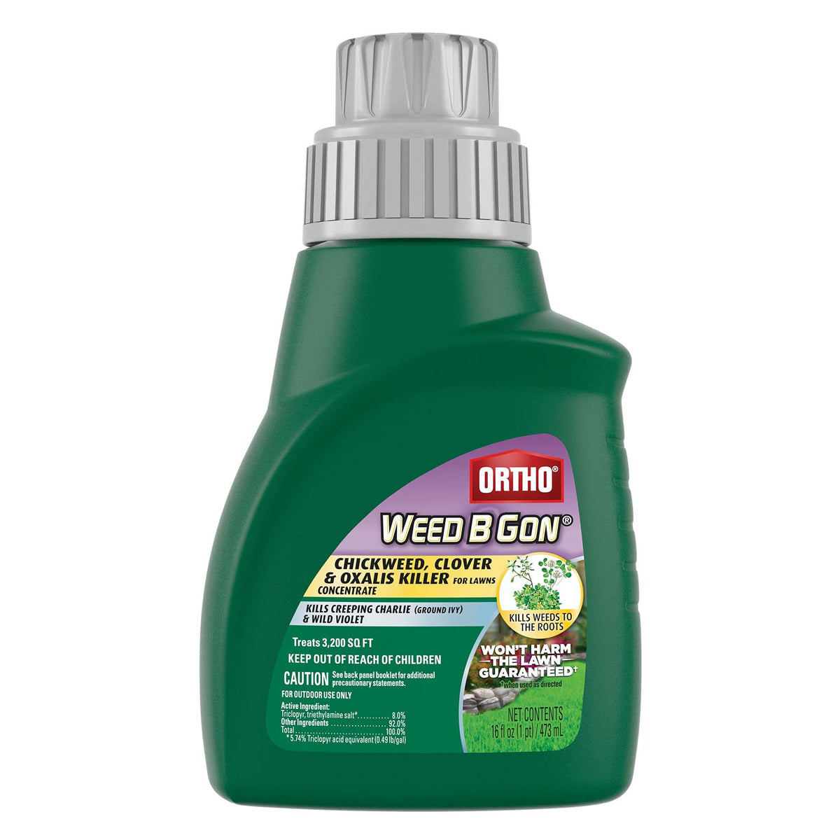 Ortho Weed B Gon bottle targets chickweed, clover, oxalis for root-level lawn control