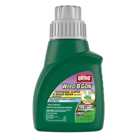 Ortho Weed B Gon bottle targets chickweed, clover, oxalis for root-level lawn control