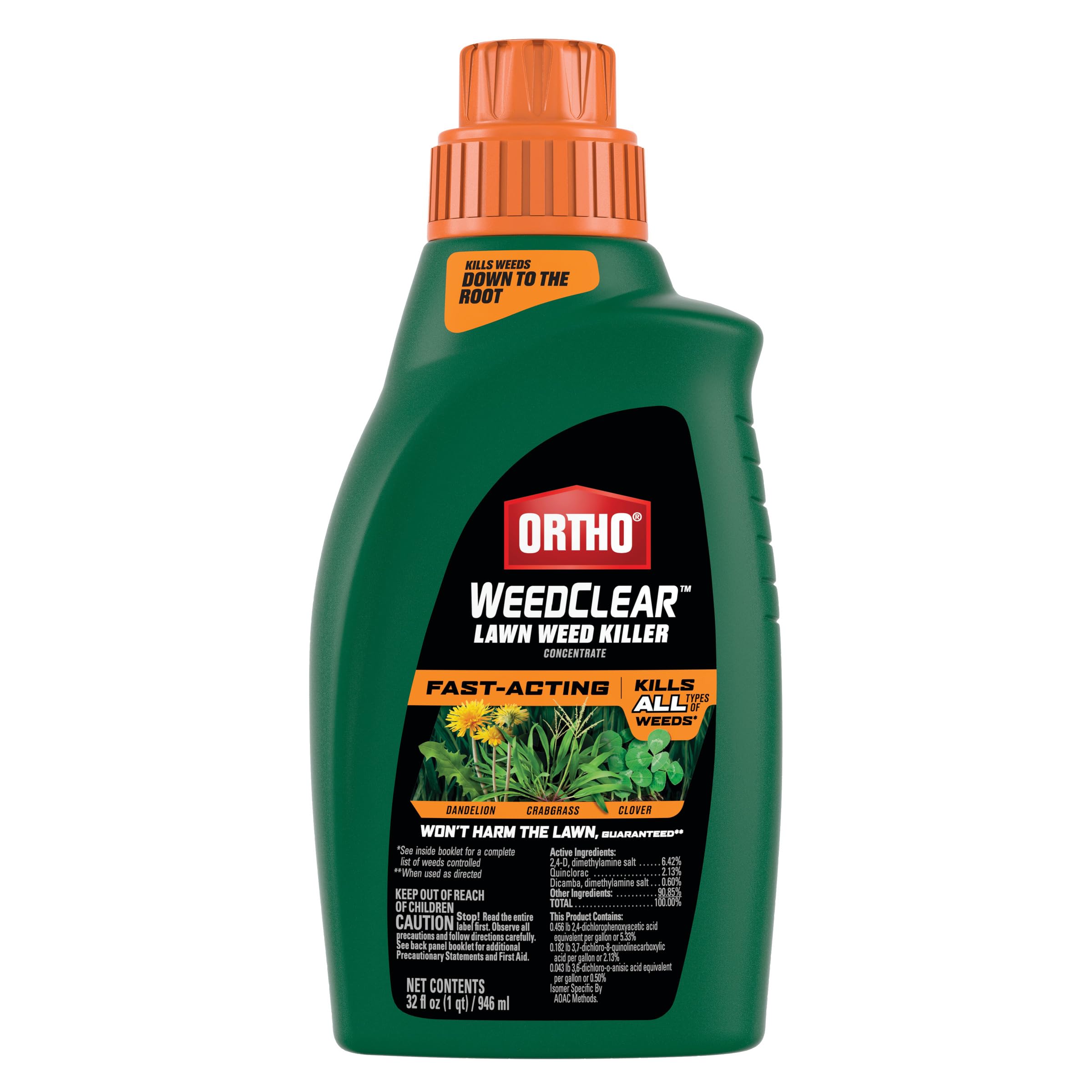 Ortho WeedClear concentrate bottle label highlights weed-killing capability for lawns